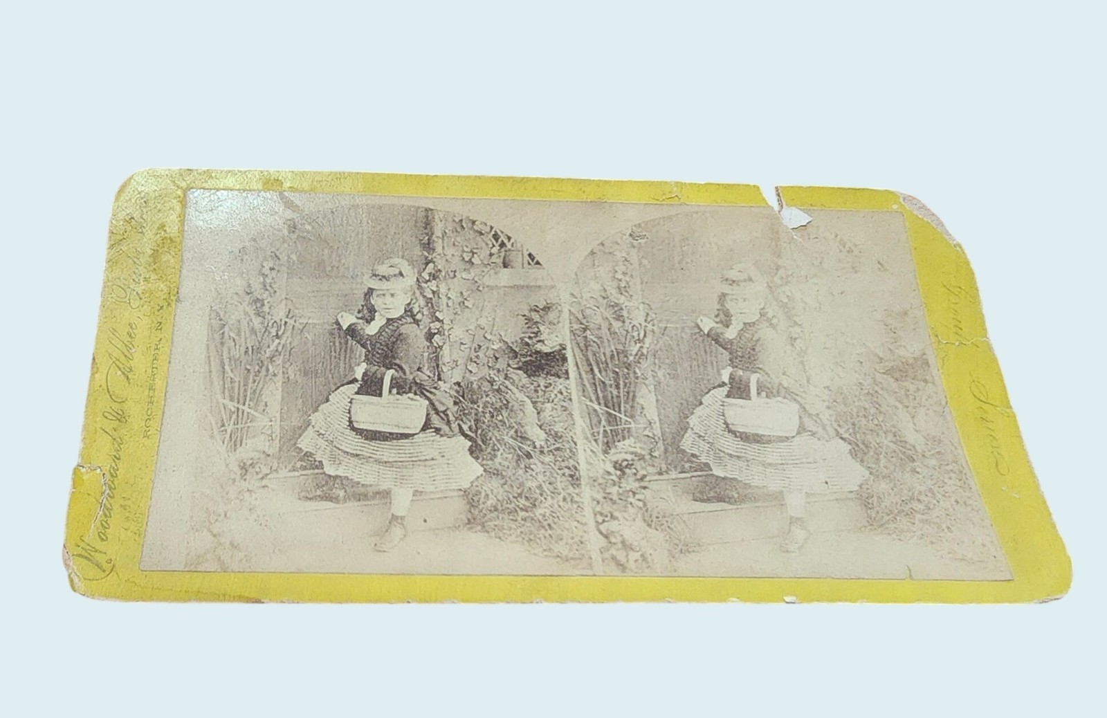 Antique Victorian Stereoview w Young Girl & Basket at Doorstep Circa Late 1800s