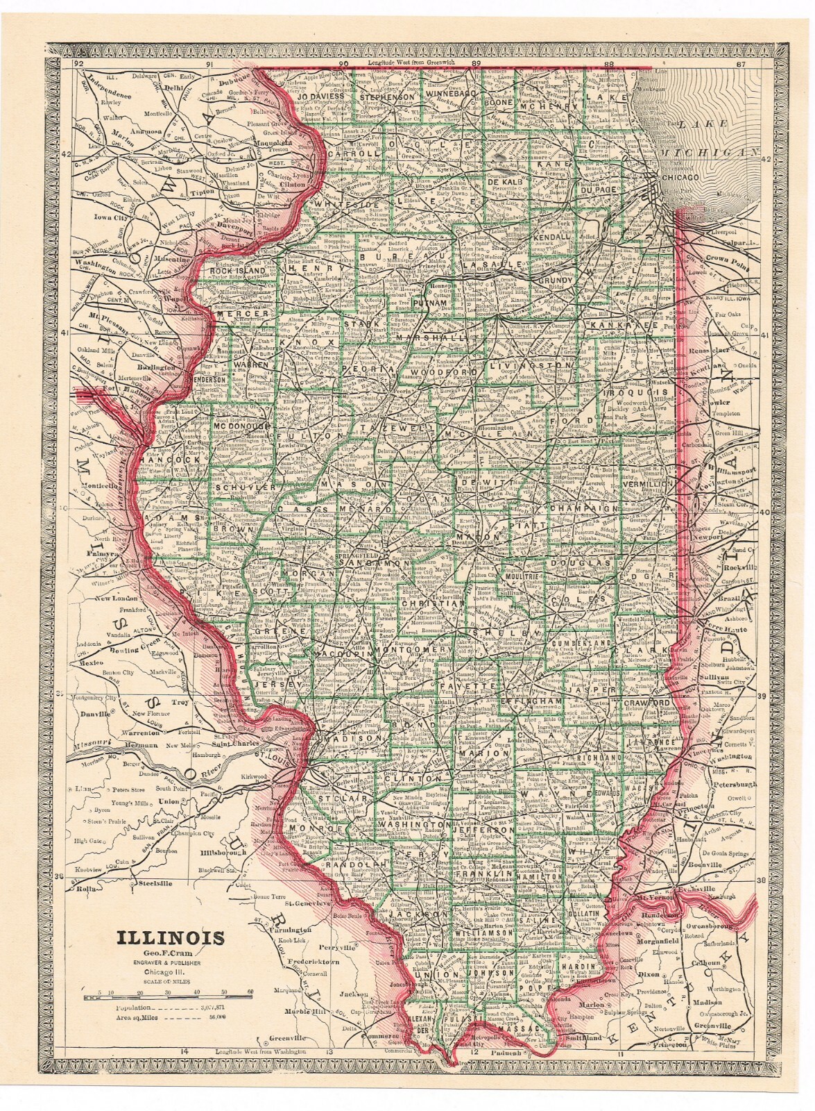 ORIGINAL ANTIQUE VINTAGE MAP 1884  TINTED ILLINOIS US CHICAGO ENGRAVING