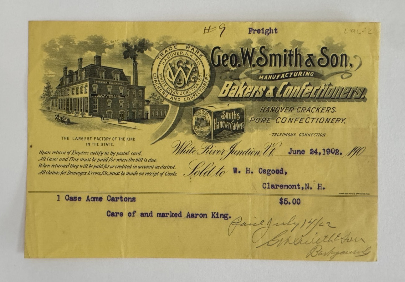 Vtg 1902 Billhead White River Junction Vermont George Smith Bakers Confectioners