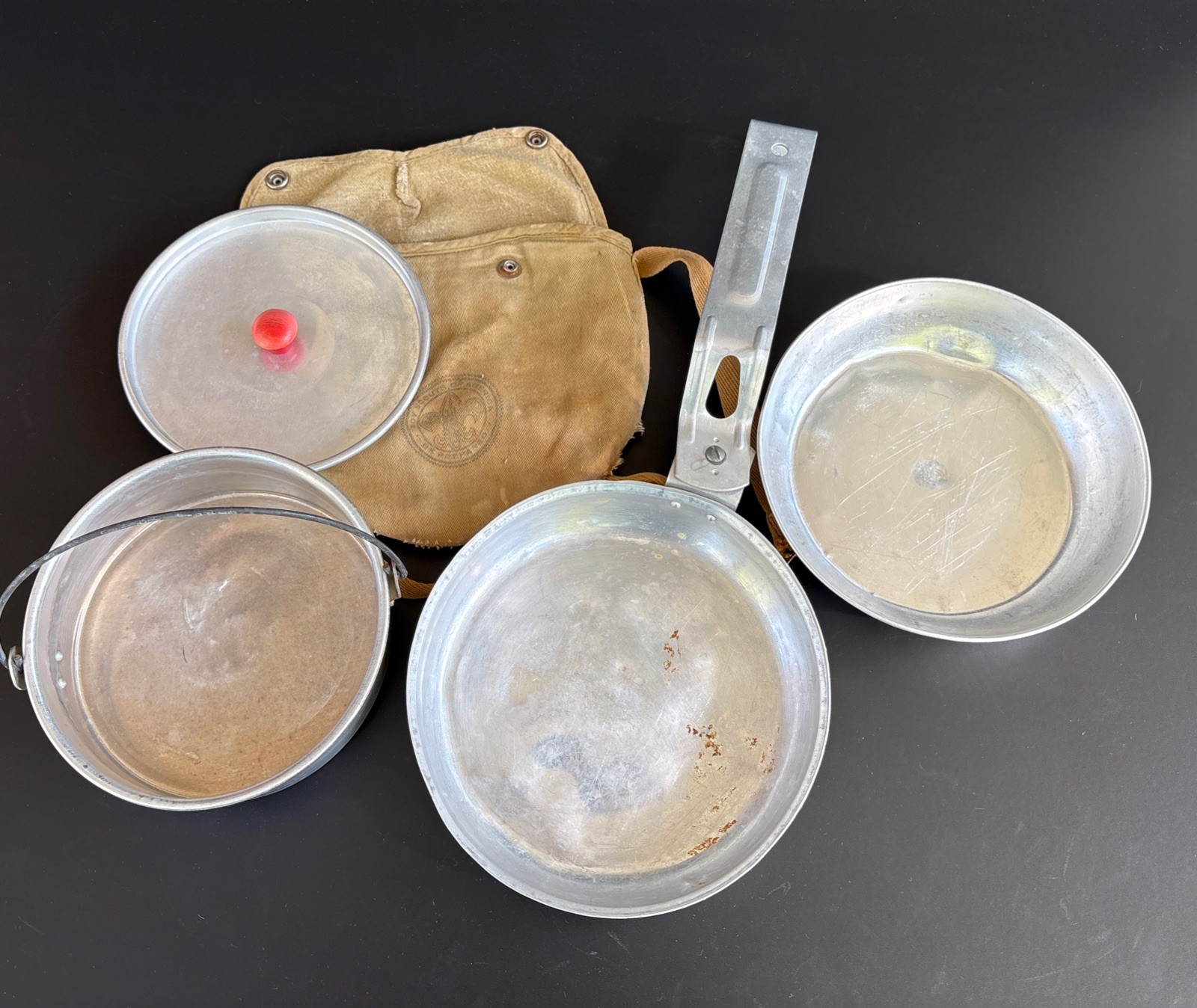 Vintage 50s Boy Scouts of American Aluminum Mess Kit Canvas Pouch Camping Gear