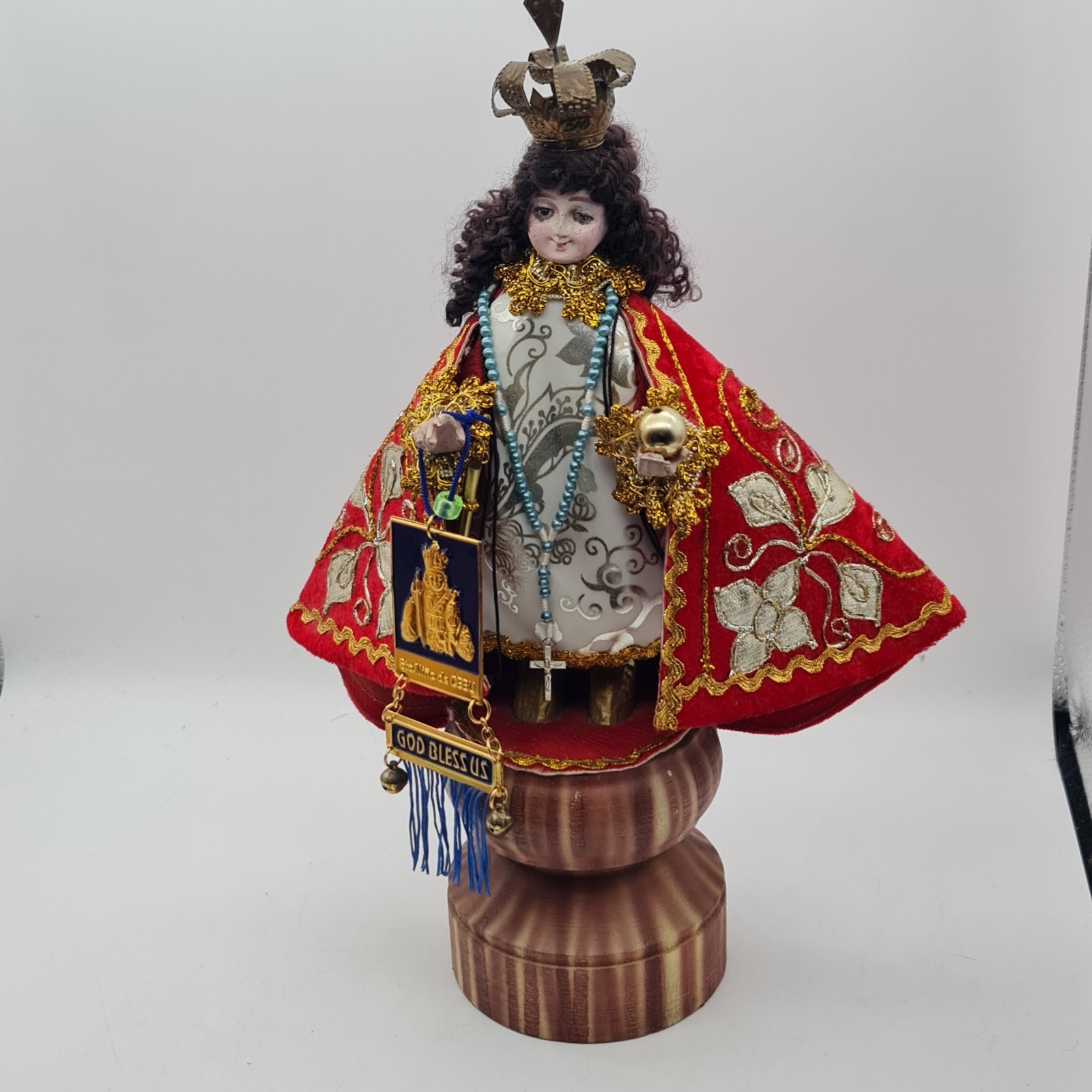 Vintage Infant of Prague Santo Nino Doll Statue on Wood Base, Rare