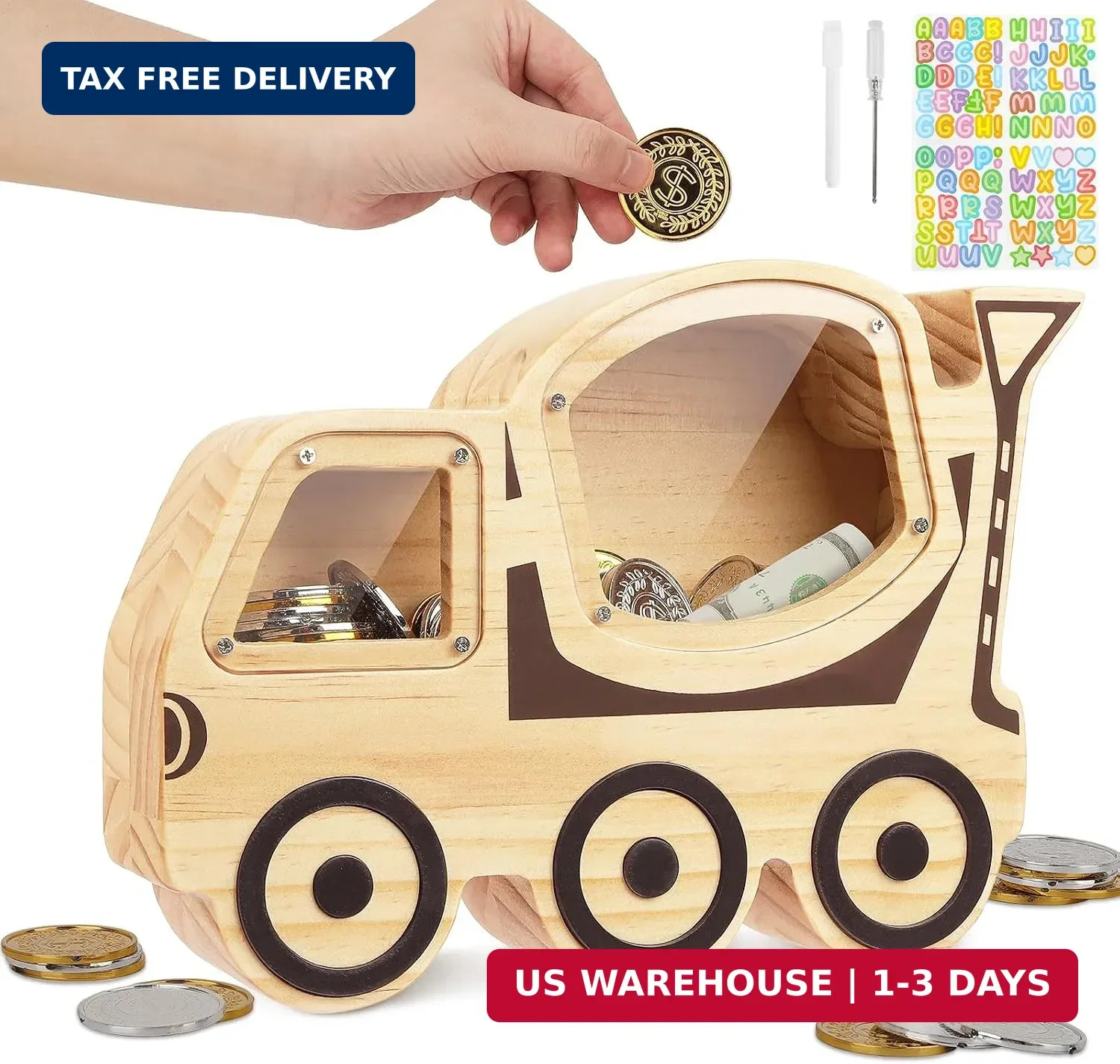 Wooden Piggy Bank for Kids, Unbreakable Coin Bank, Cement Tanker Wooden Piggy Bank for Kids, Unbreakable Coin Bank, Cement Tanker