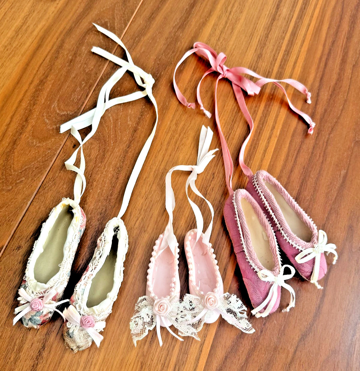 3 Pair Vintage Porcelain & Fabric Pink Hang Ballet Slippers Shoe Dance Ornaments
