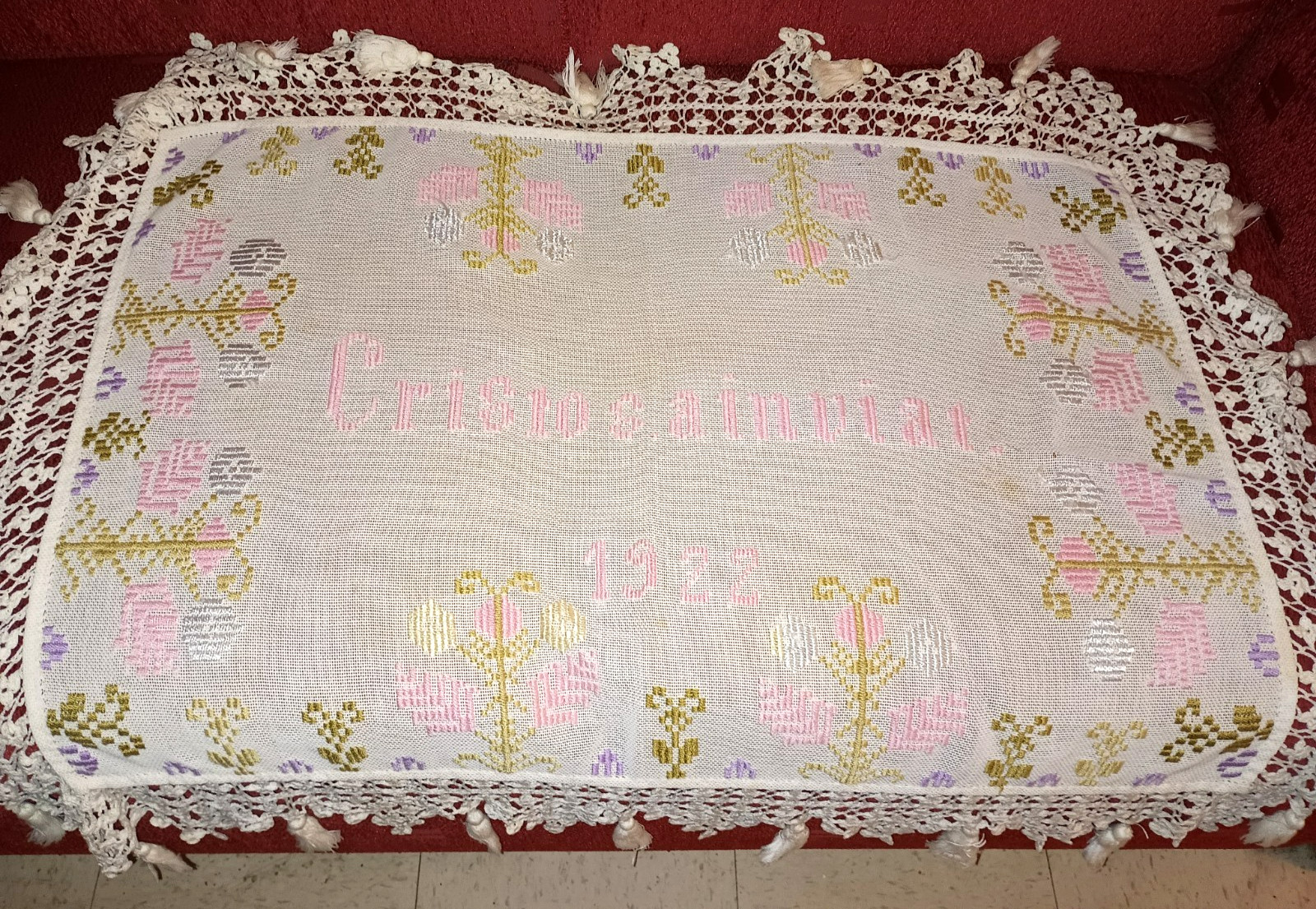 Antique Easter Tablecloth Needlework Romanian Cristos a Inviat Floral Lace 1922 Antique Easter Tablecloth Needlework Romanian Cristos a Inviat Floral Lace 1922