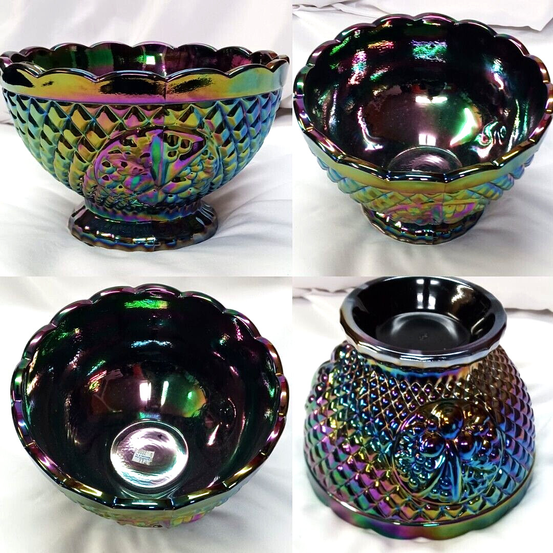 FENTON VTG IRRIDESCENT AMETHYST GRAPE CARNIVAL GLASS FOOTED BOWL REPRODUCTION