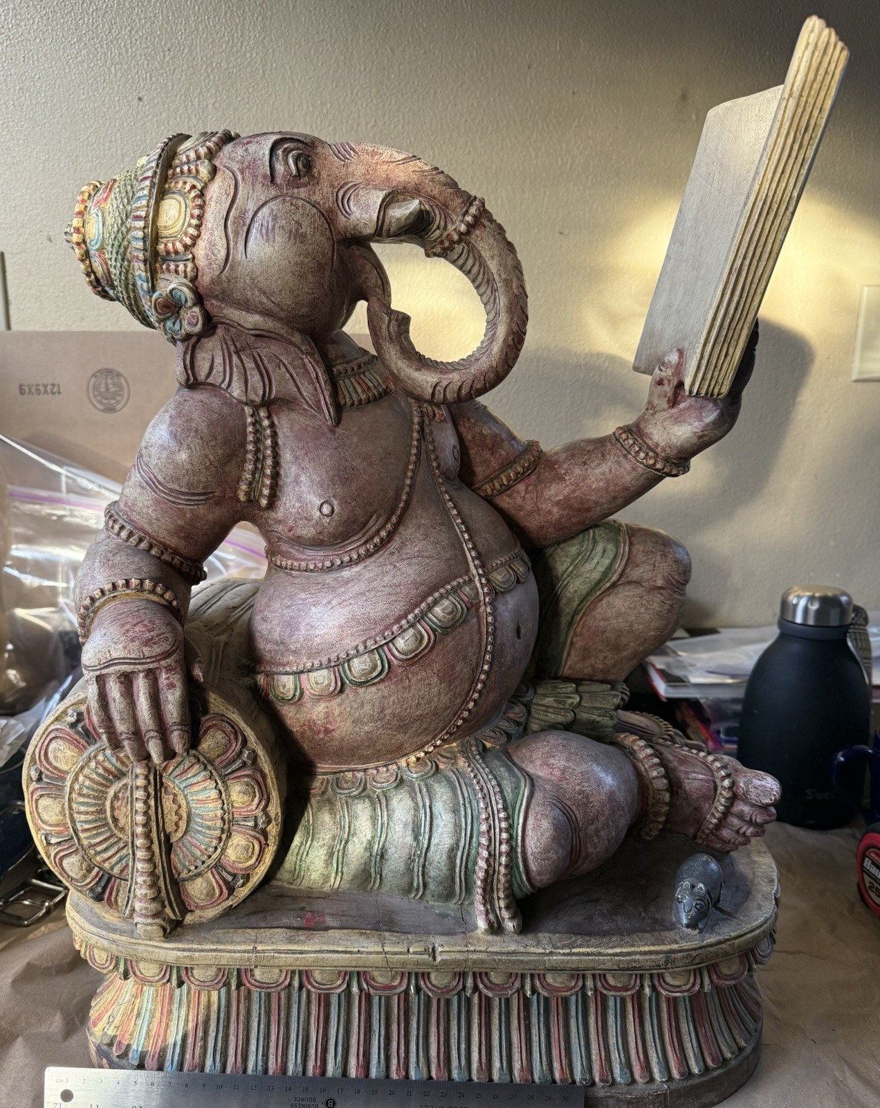 Vintage Lord Ganesha Hindu Deity Elephant God  Large Wood Carved Statue Idol