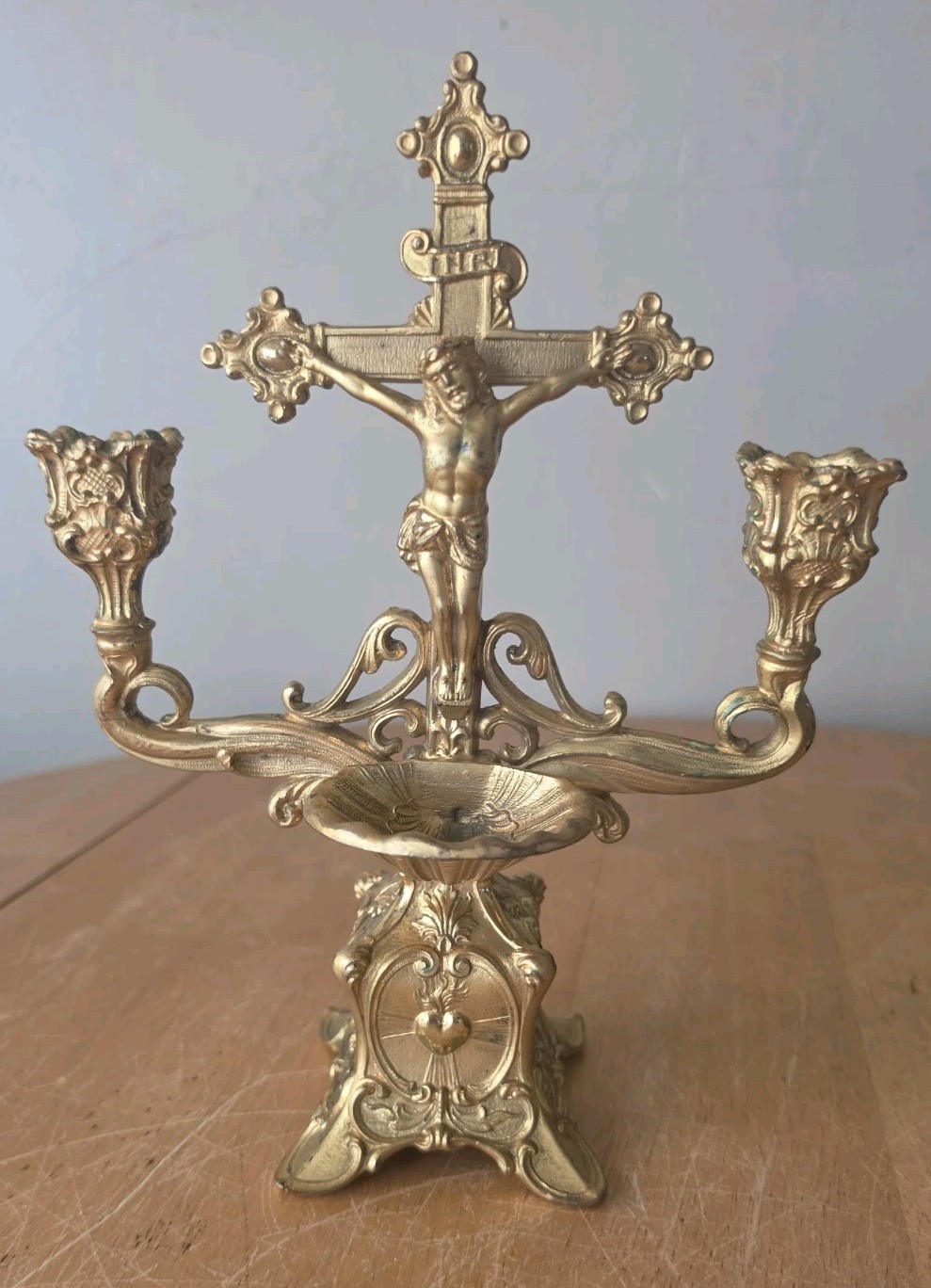 Ornate Antique Sick Call Crucifix Holy Water Candlestick Made USA 