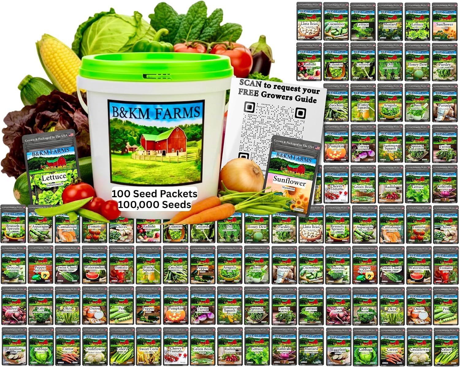B&KM Farms 100,000 Non-Gmo Heirloom Seed Kit-50 Fruit & Vegetable Variety