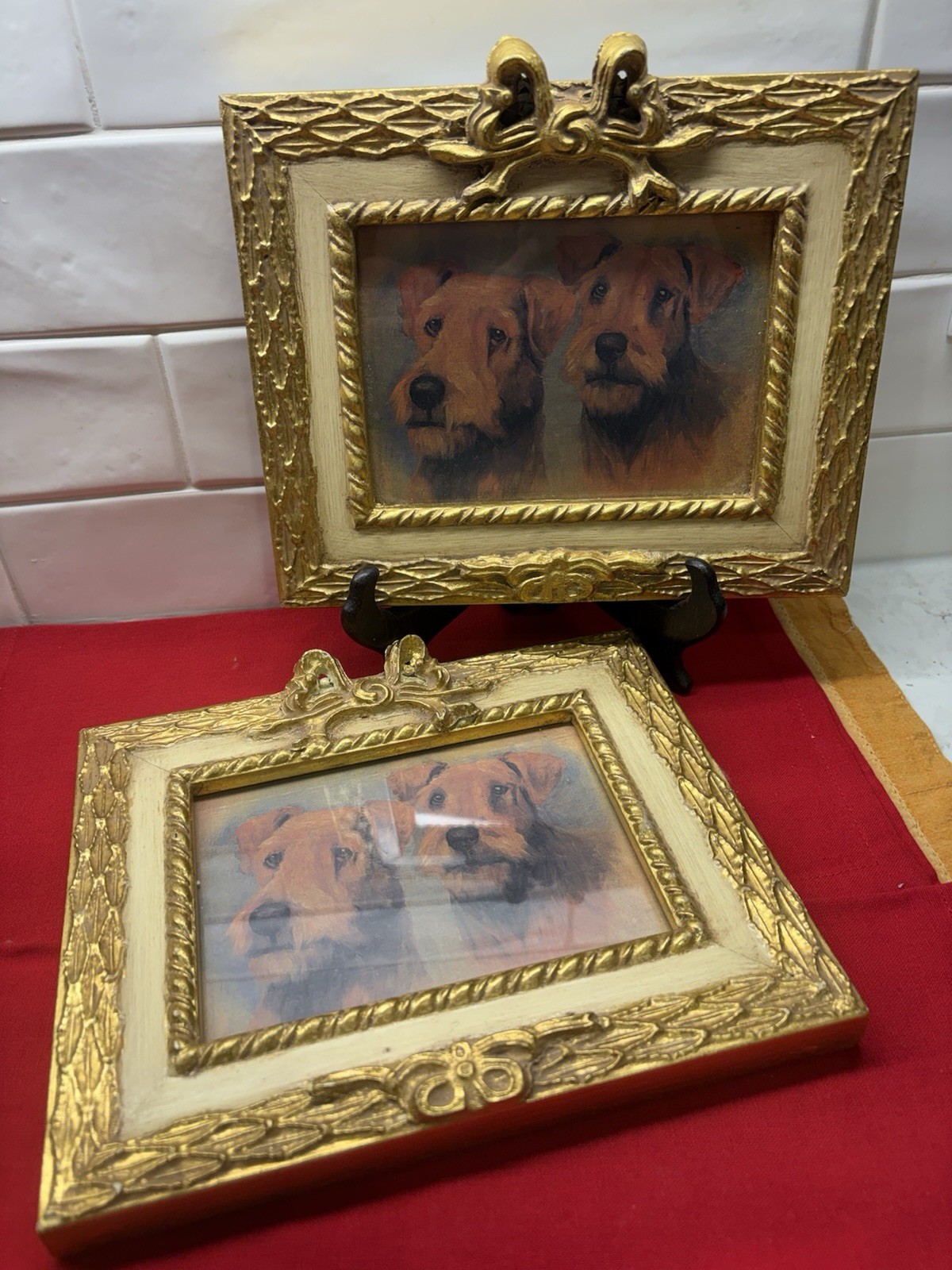 Vintage Pair Gold Gilt Bow Frame Airedale Terriers Dogs Print 6.5\