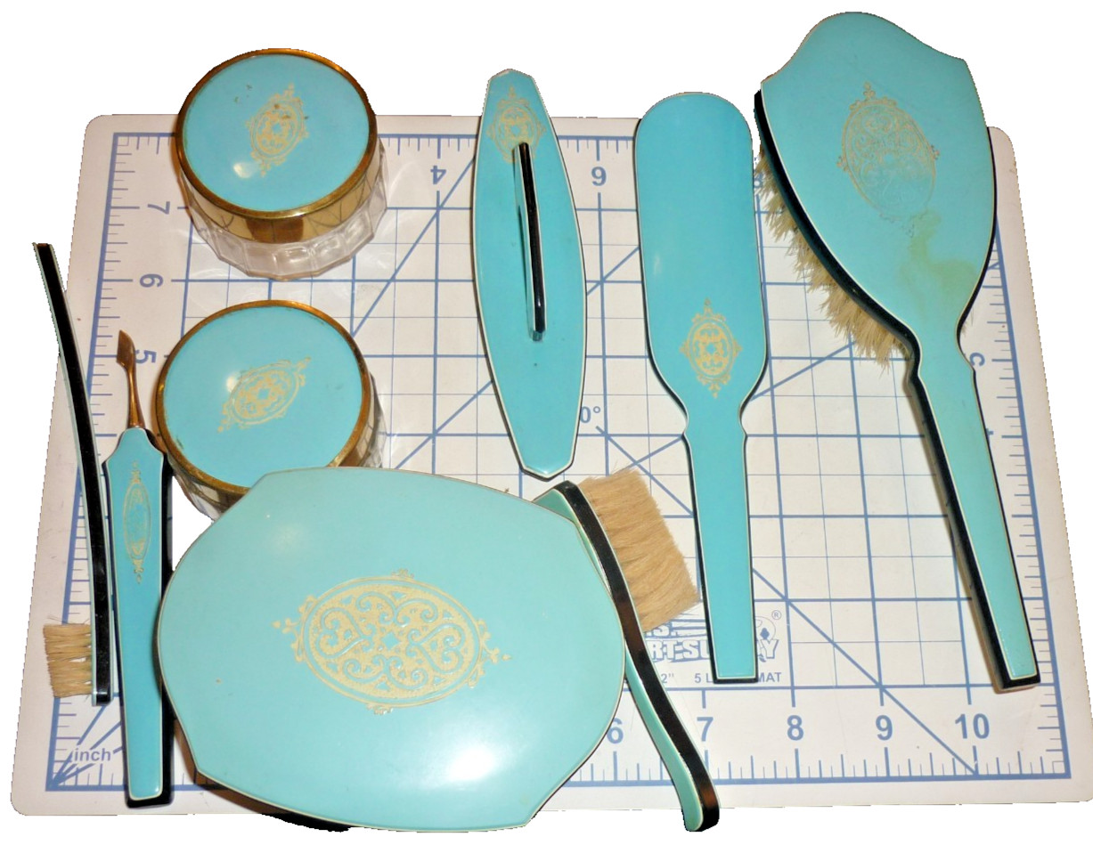 VTG 1920s Art Deco Turquoise Blue Celluloid Vanity Dresser Set Jars Brushes Buff