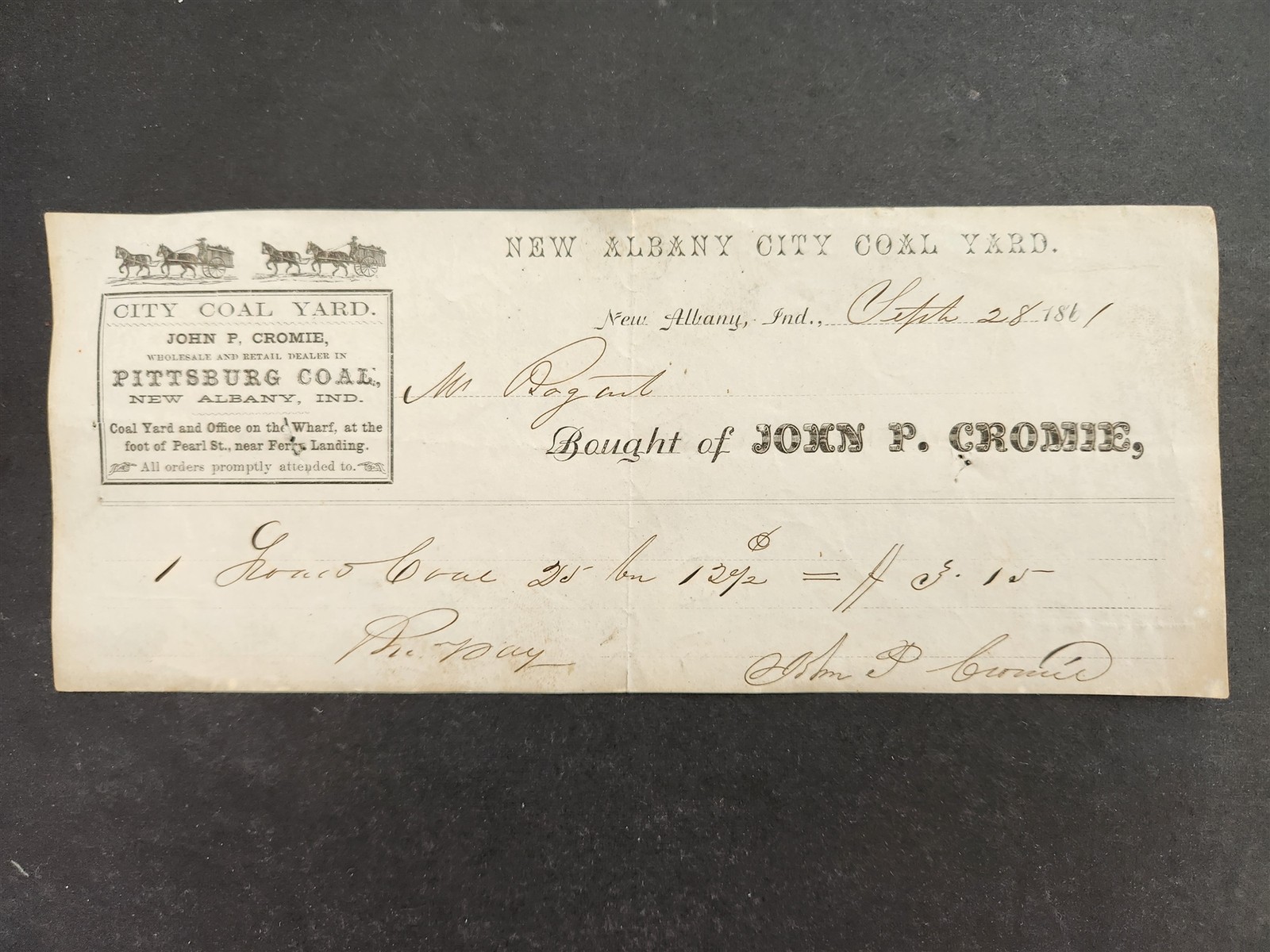 1861 antique NEW ALBANY CITY COAL YARD indiana BILLHEAD cromie pittsburgh coal