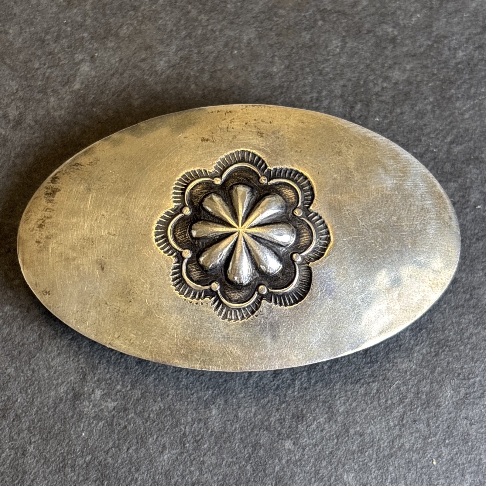 Vintage Navajo Hand Stamped Coin Silver Belt Buckle 30g 2.5” 14
