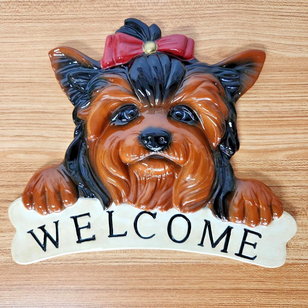 Adorable Yorkie Yorkshire Terrier  WELCOME SIGN - Expressive Eyes & Playful Bow