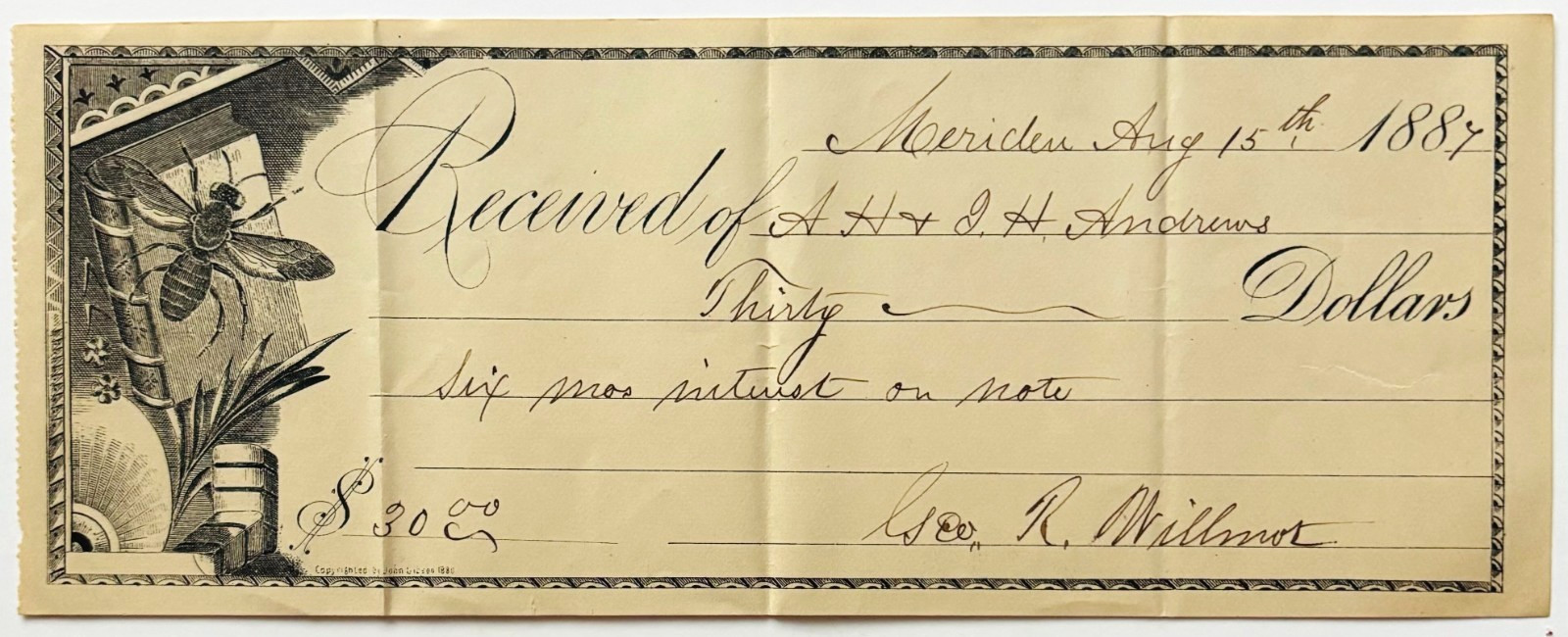 1887 Meriden Connecticut Bank Check Victorian Bee Wood Engraving Promissory A12