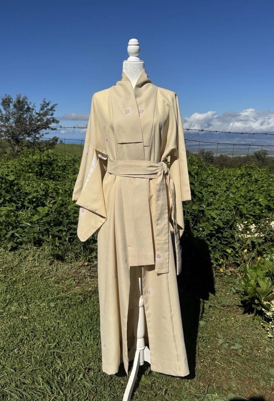 Vintage Japanese Inspired Kimono Robe Cream with Pink Floral Details