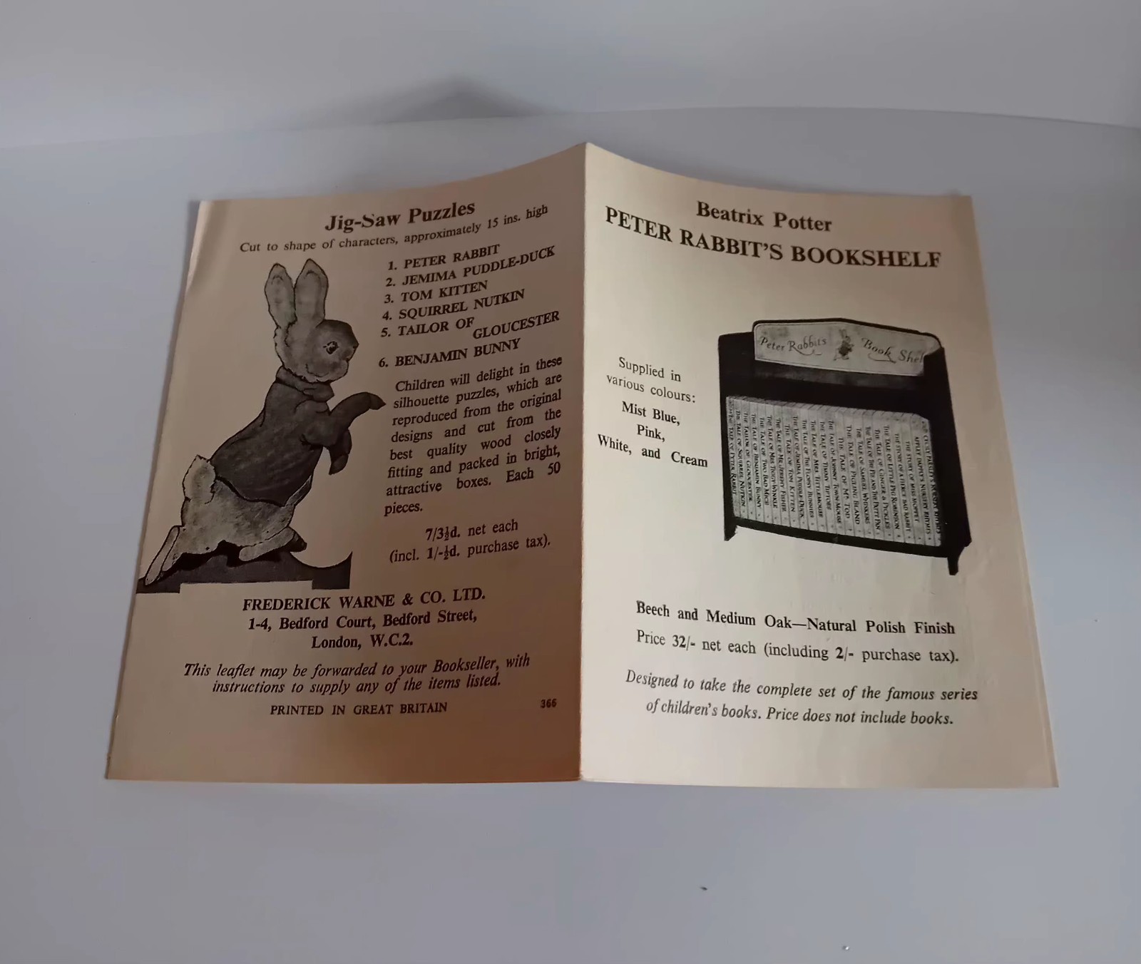 Beatrix Potter Peter Rabbit Advert Booklet For Bookshelf Jigsaws Books 1950/60s