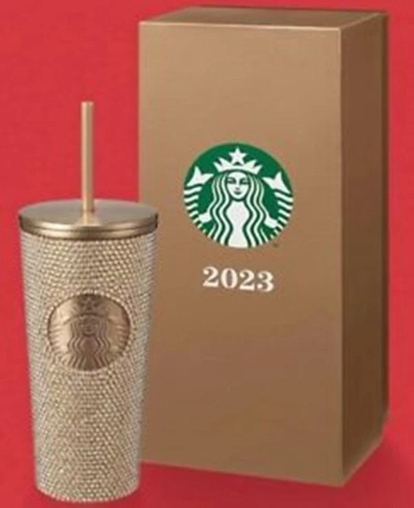 Starbucks 2023 New Taiwan Gold SS Rhinestone TOGO Cold Cup Tumbler Gift Box 16oz