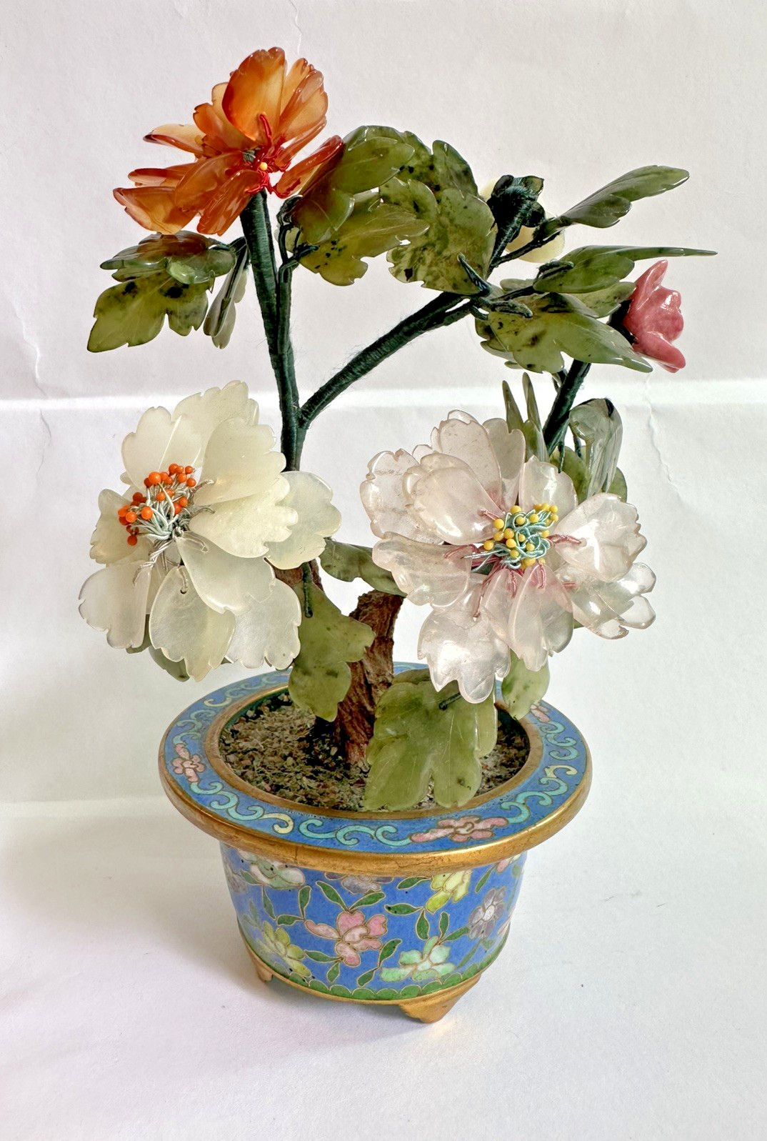 Vintage GUMP\'s Serpentine Jade &Precious Stone Flowers in Cloisonne Pot-MidCnty Vintage GUMP\'s Serpentine Jade &Precious Stone Flowers in Cloisonne Pot-MidCnty