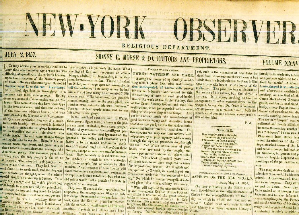 Newspaper Mormonism Aspects Edward Rigley LDS Utah Mormon War Brigham Young 1857