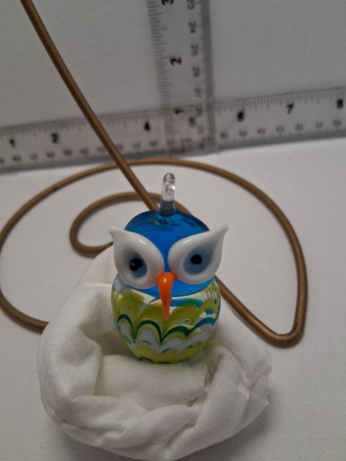 Vtg Hand Blown Art Glass Owl Christmas Ornament Blue Green Scalloped Feathers...