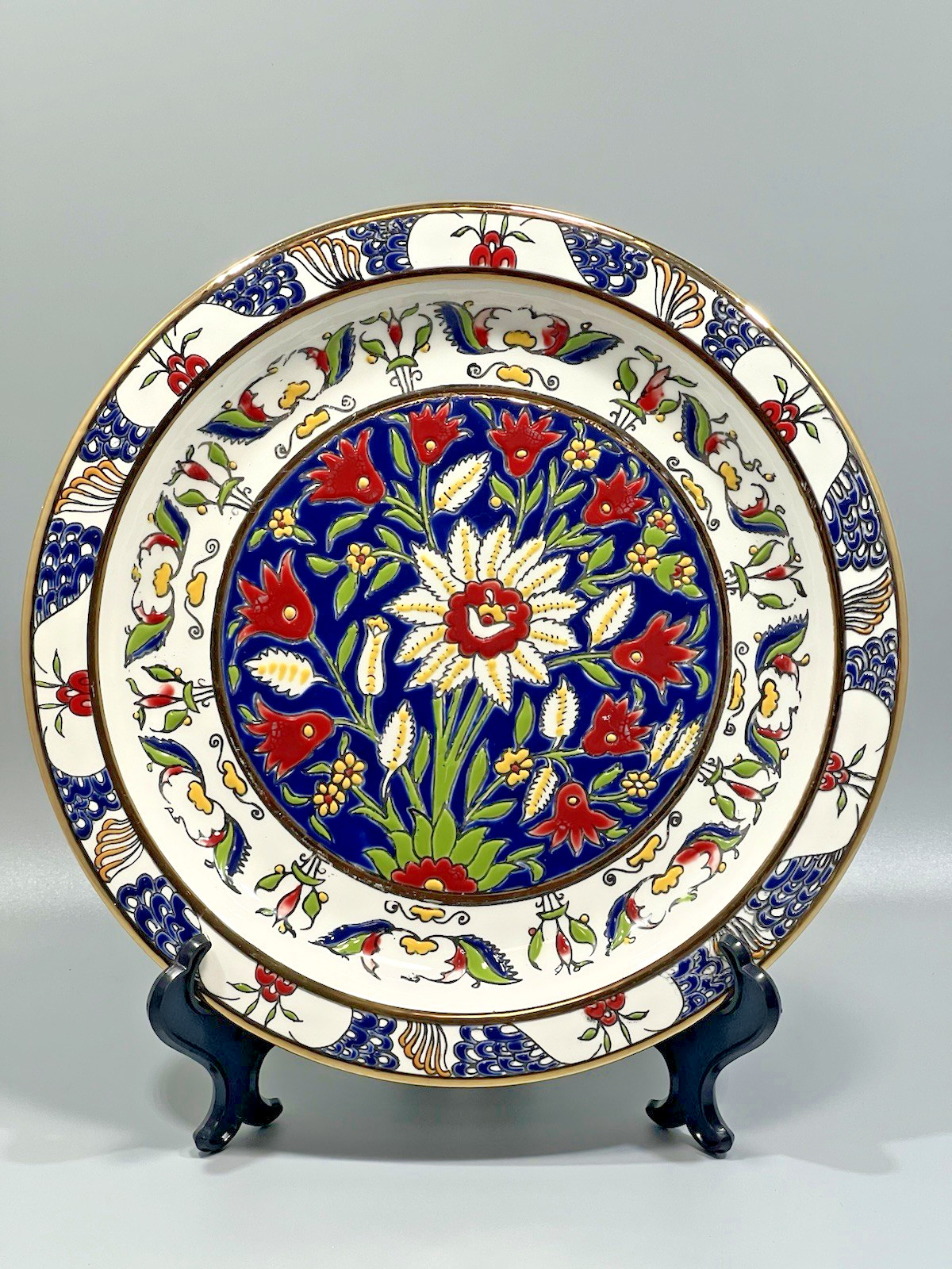 Vintage Ceramica Olympia Magolica Hand Painted Flower Wall Hanging Plate Greece