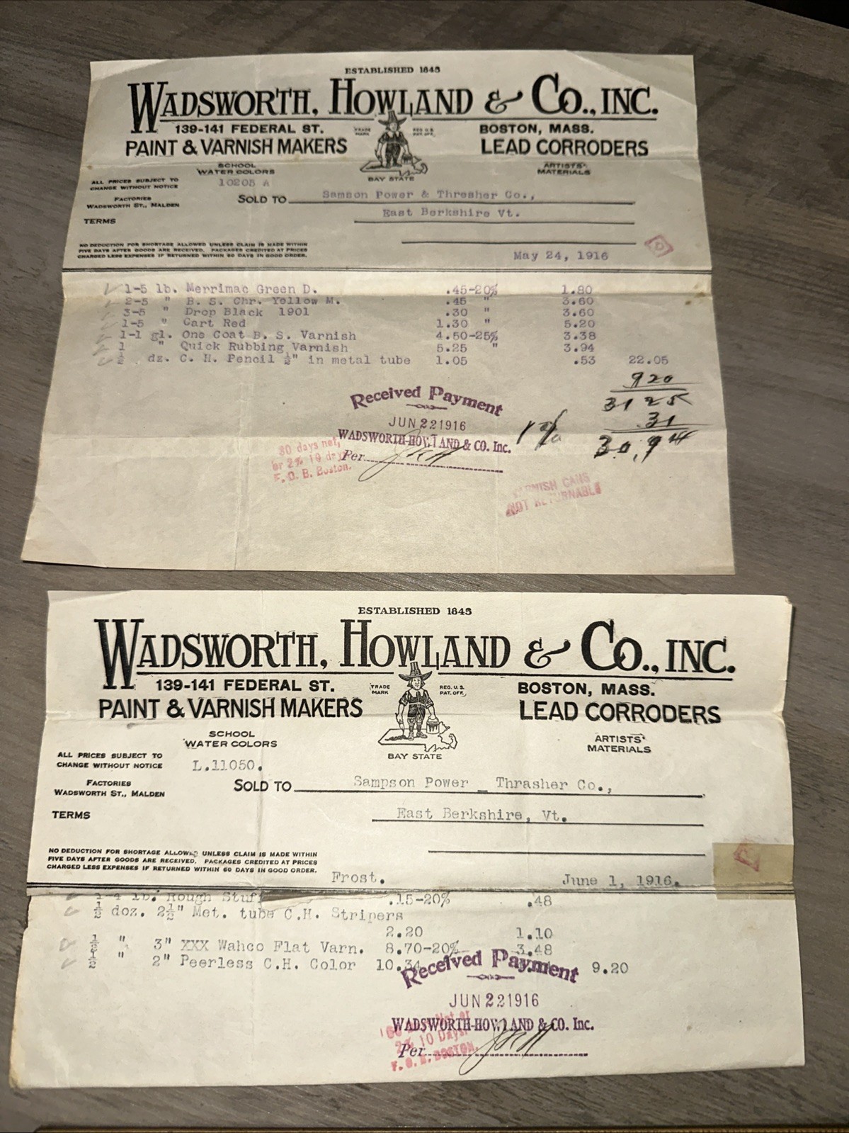 Antique Billhead’s Wadsworth, Howland & Co. Boston, Paint & Varnish Makers 1916 Antique Billhead’s Wadsworth, Howland & Co. Boston, Paint & Varnish Makers 1916