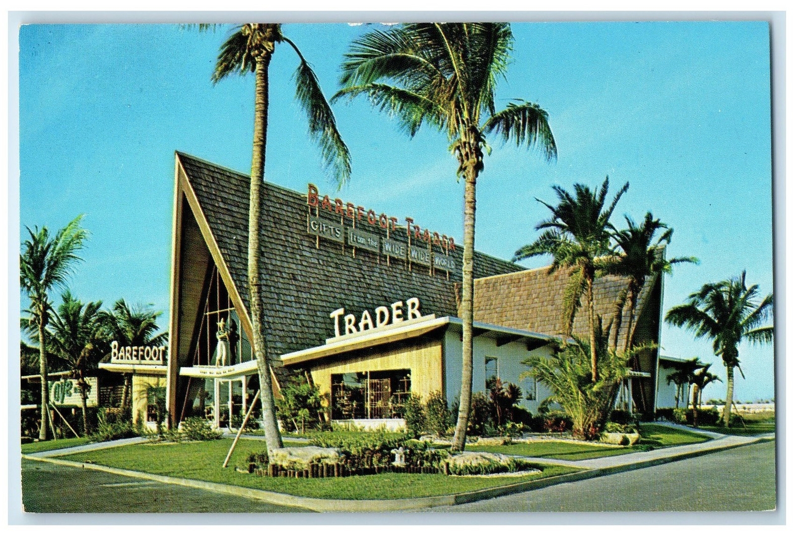 c1960s Barefoot Trader Gourmet Food Shop Pompano Beach Florida FL Trees Postcard c1960s Barefoot Trader Gourmet Food Shop Pompano Beach Florida FL Trees Postcard
