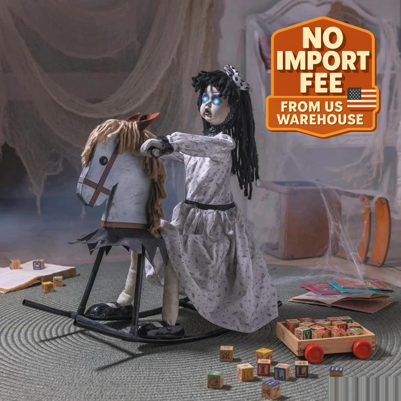 Animated Creepy Girl on Rocking Horse Halloween Prop 28\