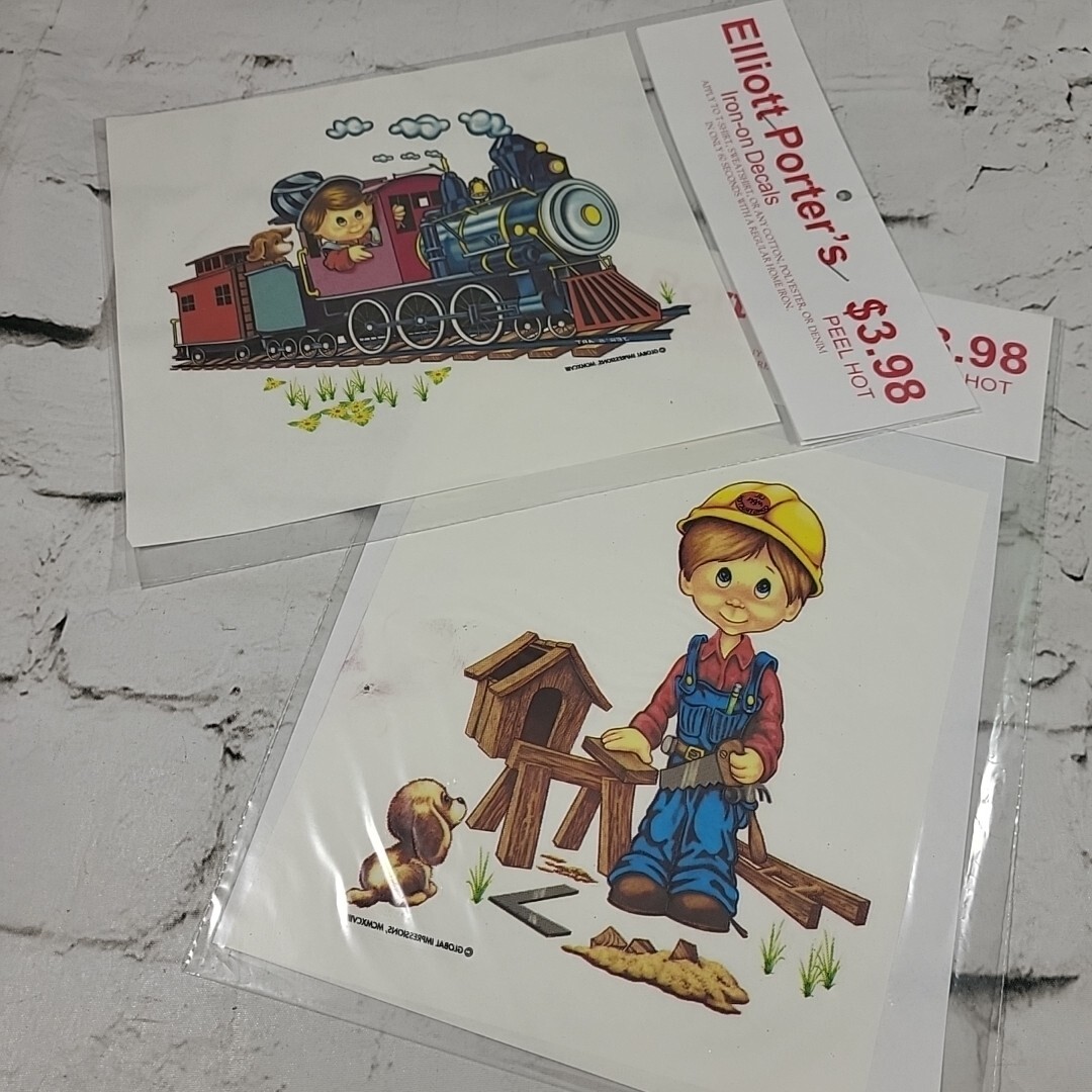 Elliott Porters Iron-On Decals Vintage Lot of 2 Country Boy Building and Train