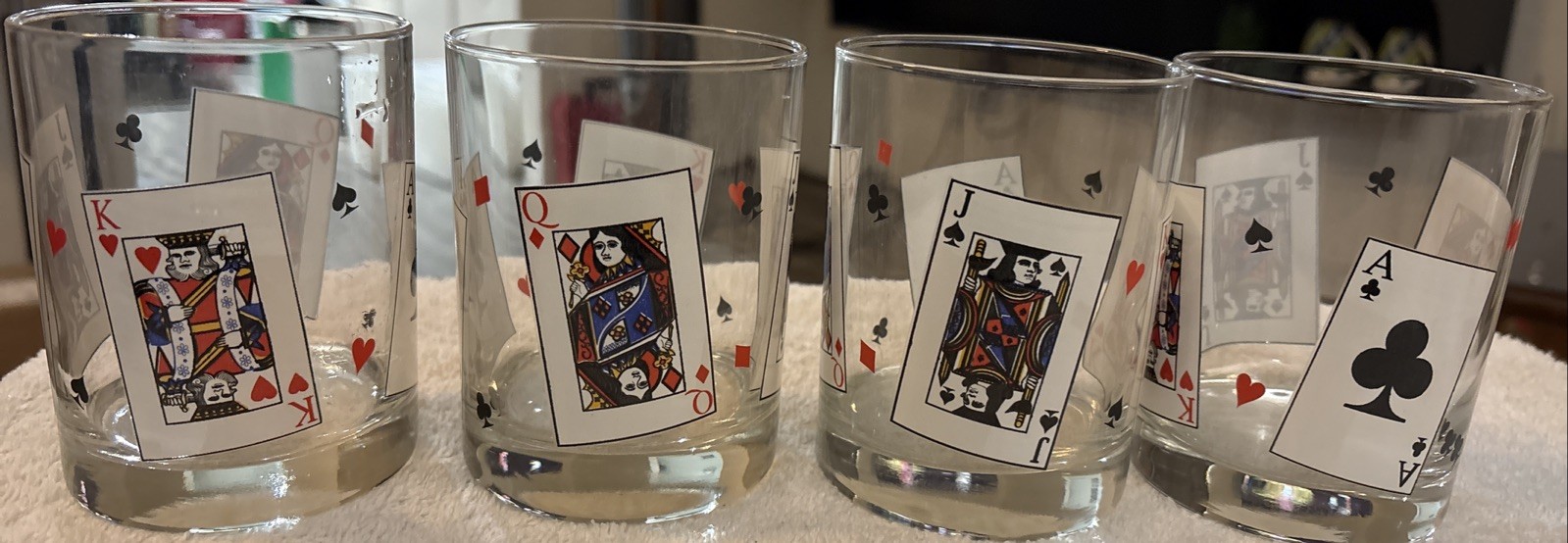 Set Of 4 Vintage Playing Cards Poker Double Old Fashion Glasses ￼12 Oz