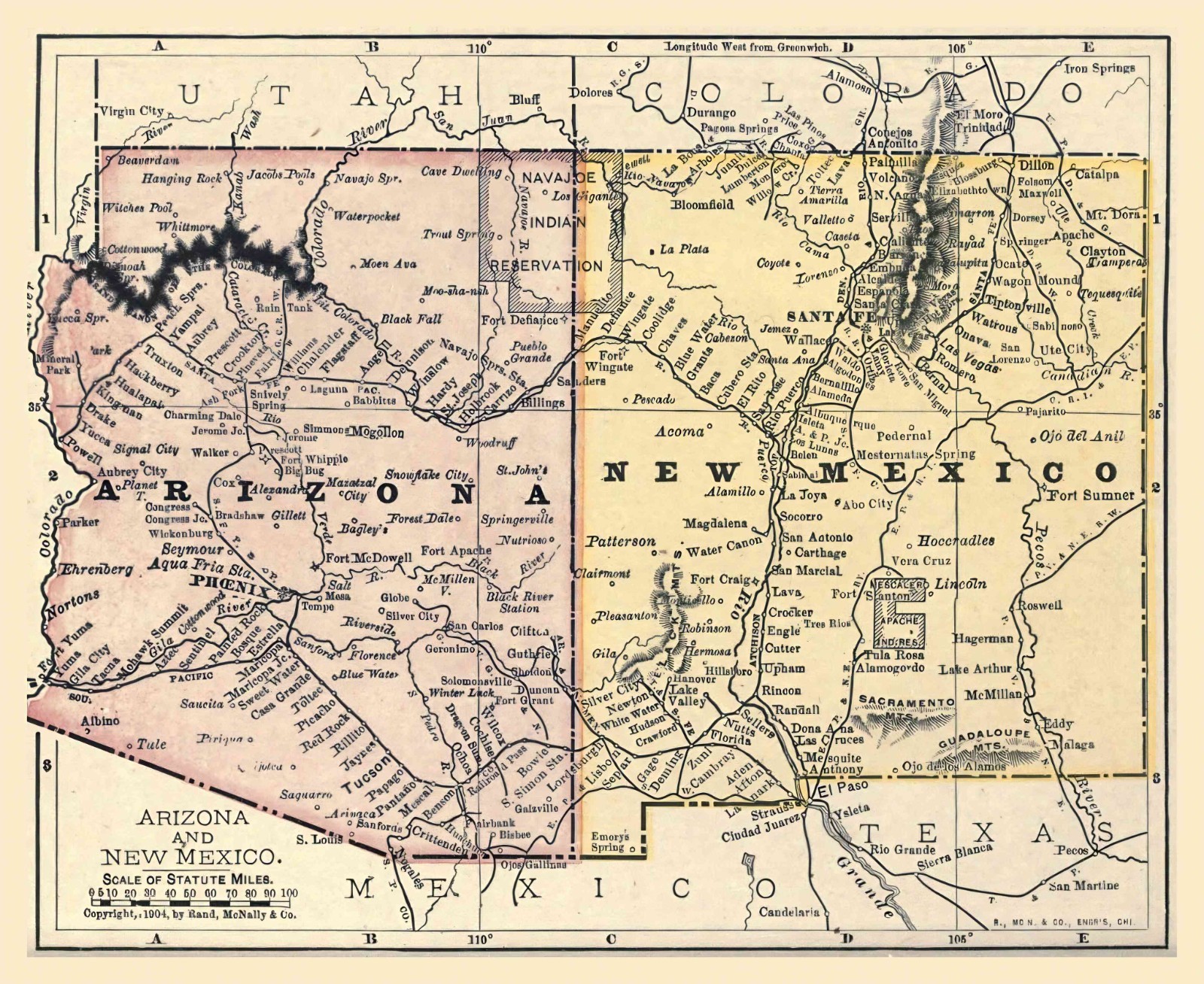 Map of ARIZONA & NEW MEXICO from 1912 - 8.5 x 11 Inch Photo Reprint