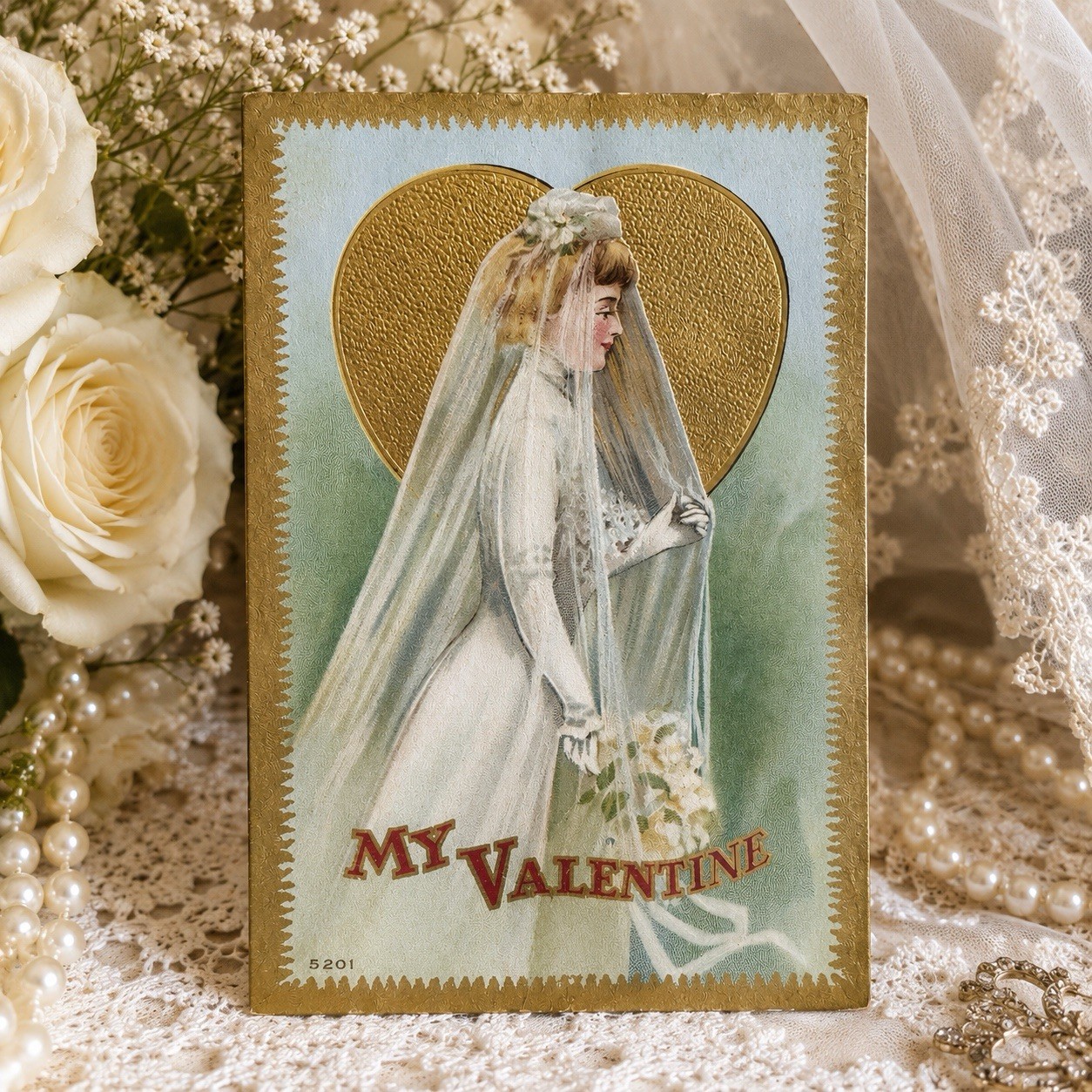 Antique 1912 Valentine Postcard Bride Wedding Gold Embossed Heart Posted