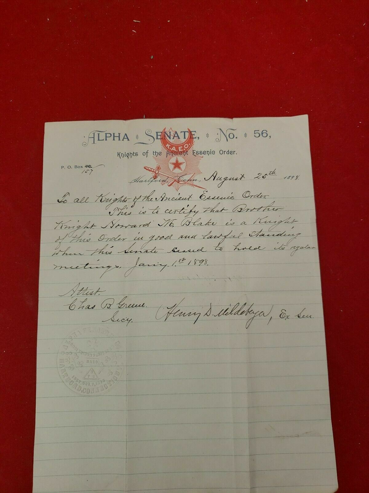 1898 Knights of the Ancient Essenic Order Alpha Senate letter of Knighthood