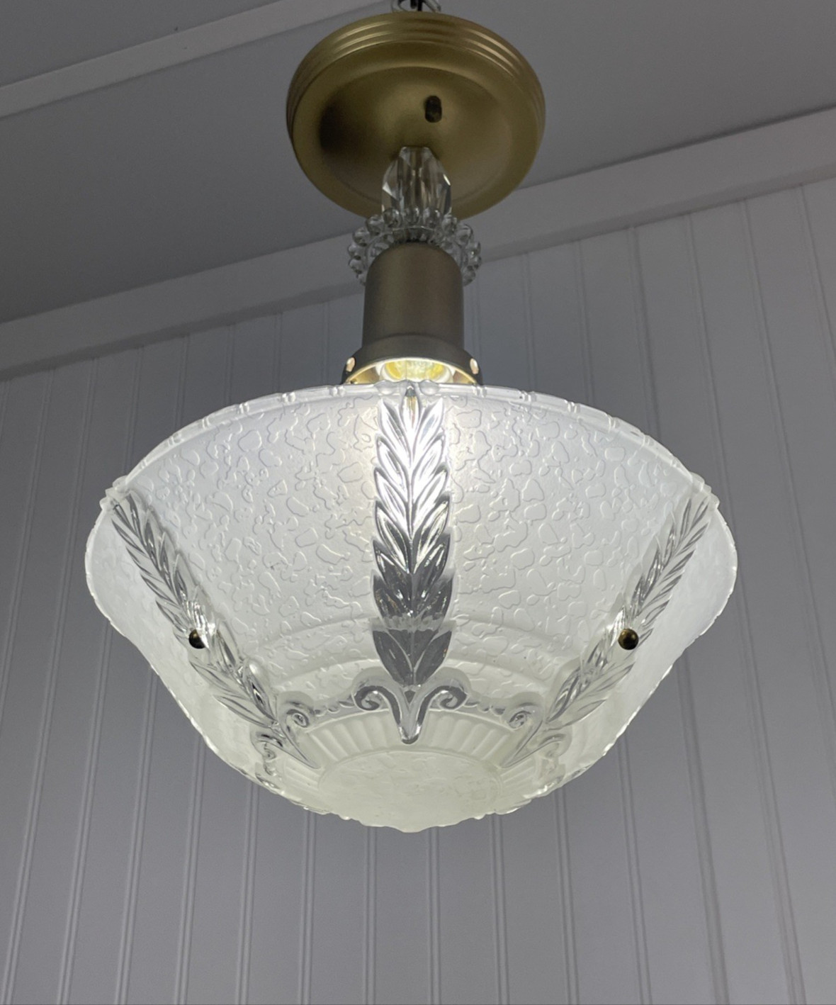 RESTORED Vtg Semi Flush Mount Glass Fixture Art Deco Ceiling Light 1920s 1940s