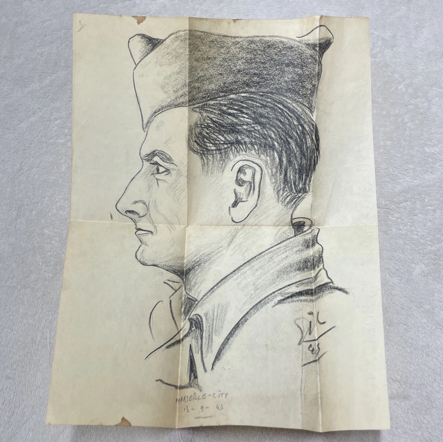 WWII Soldier Pencil Sketch Drawing Portrait 1945 Marseille France Military War