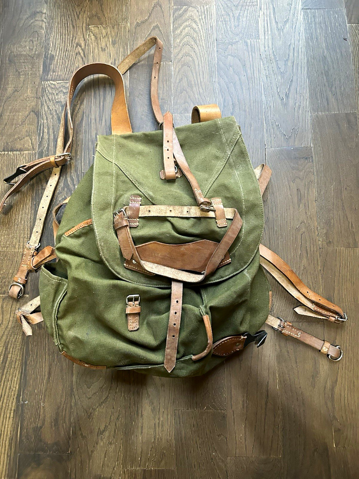 Vintage 1980s Romanian Canvas Rucksack with Original Leather Straps