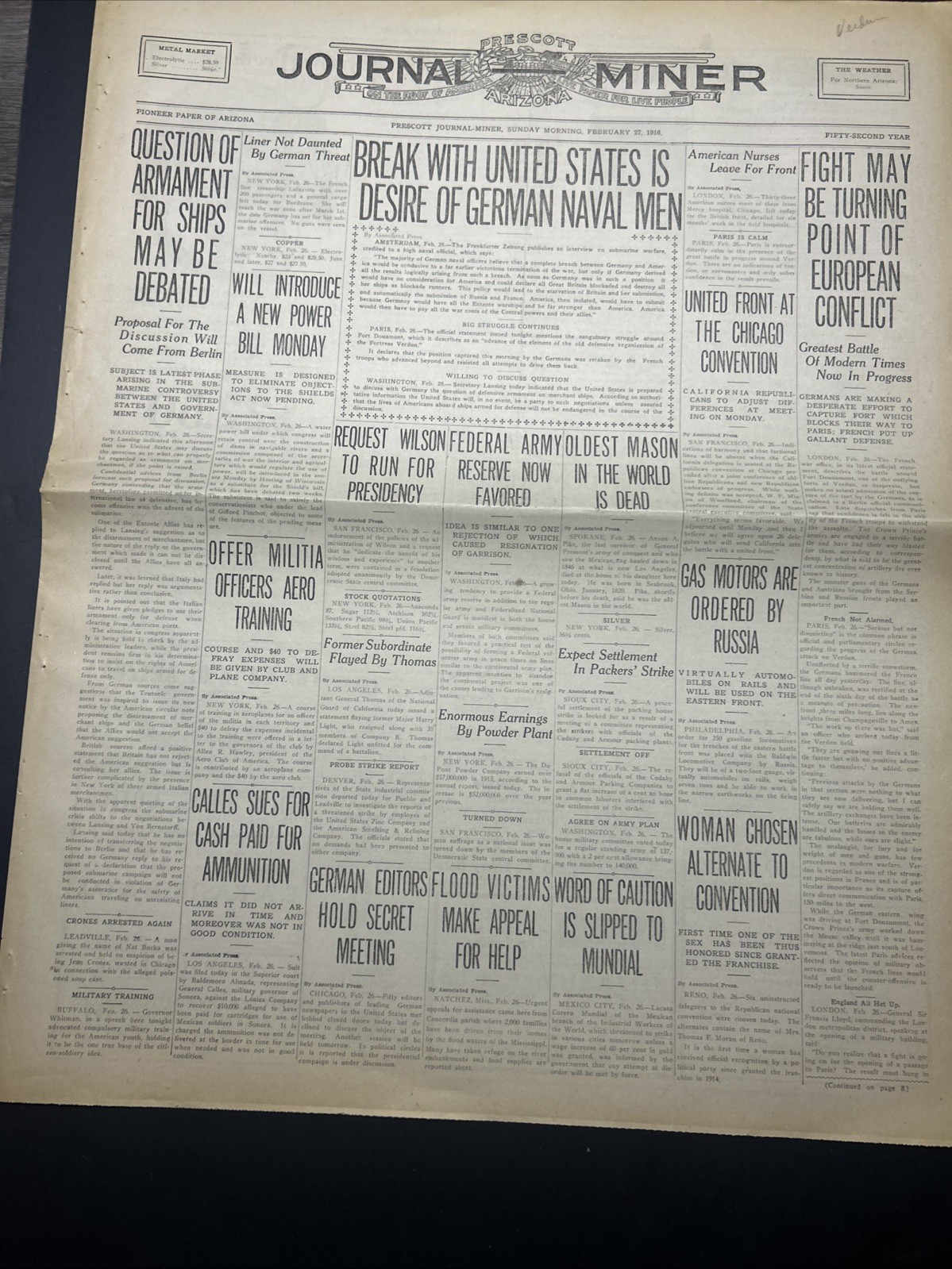 World War 1 Era Original Newspaper Dated Sunday, February 27, 1916 World War 1 Era Original Newspaper Dated Sunday, February 27, 1916