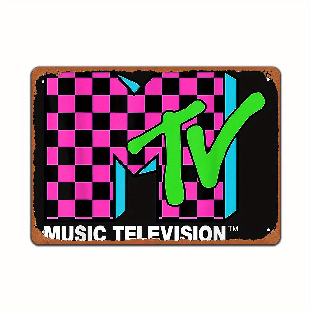 2D Flat, Vintage MTV Logo Tin Metal Signs Wall Art - Pink & Blue Checkered Desig
