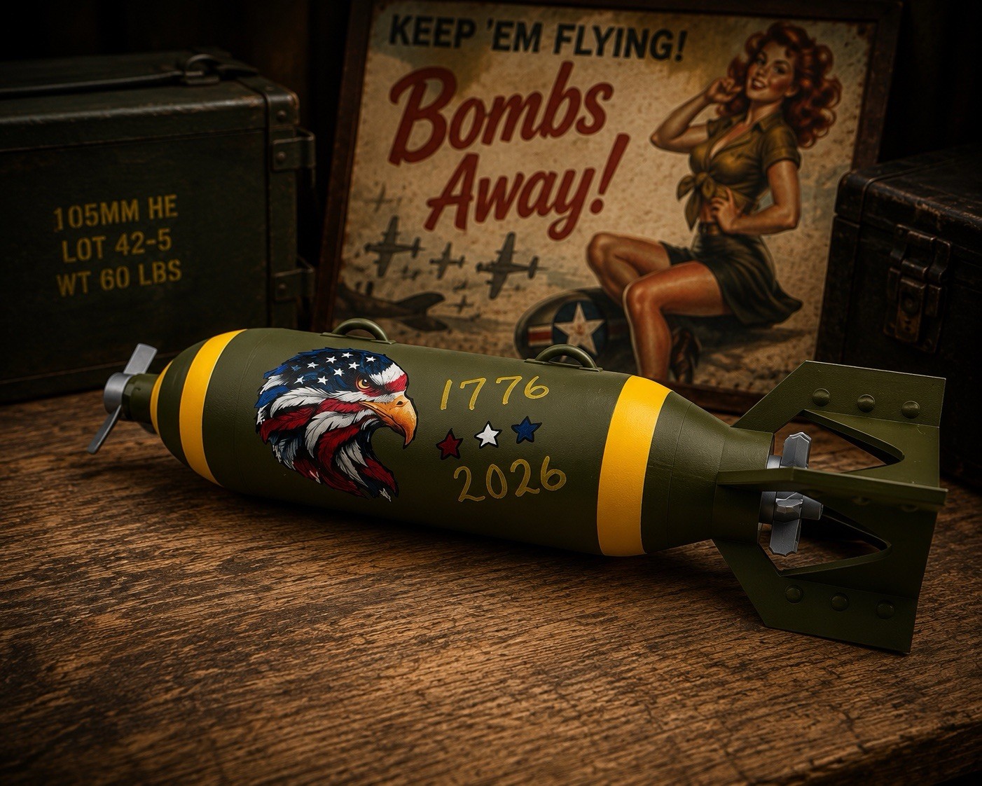 3D Printed WWII 1:4 Scale Bomb With Artwork. 10” Tall.