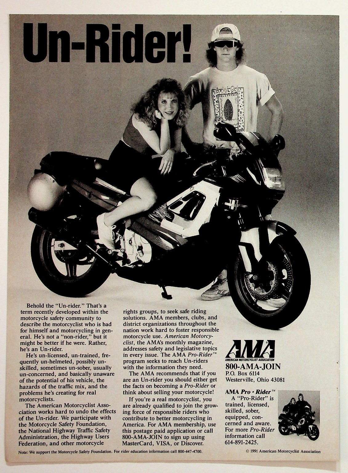 1991 AMA Un-Rider Motorcycle Safety Magazine Ad Vintage Ephemera