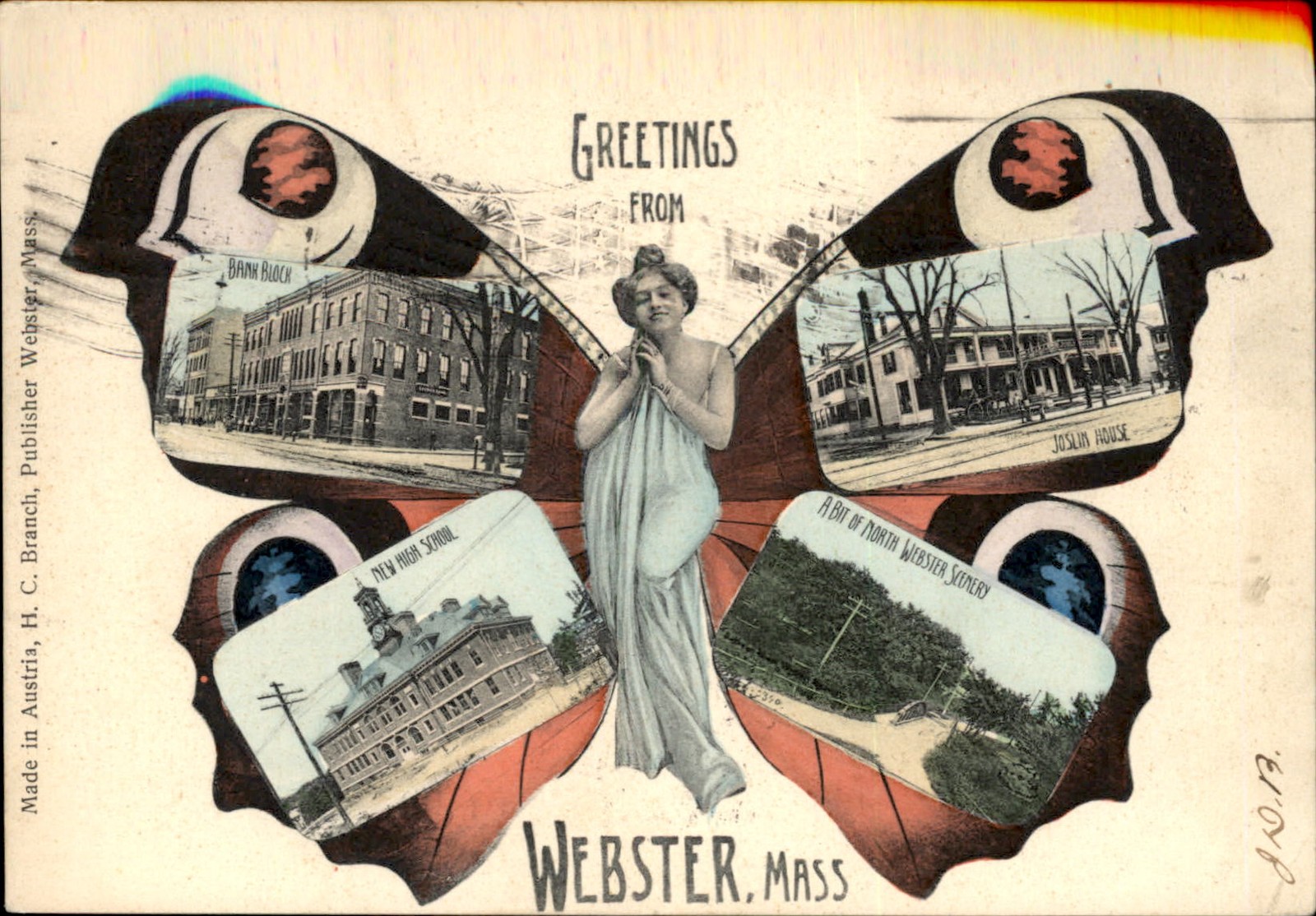 Webster MA Butterfly Multi-Voew Webster H. C. Branch c1907 Vintage Postcard bhn Webster MA Butterfly Multi-Voew Webster H. C. Branch c1907 Vintage Postcard bhn