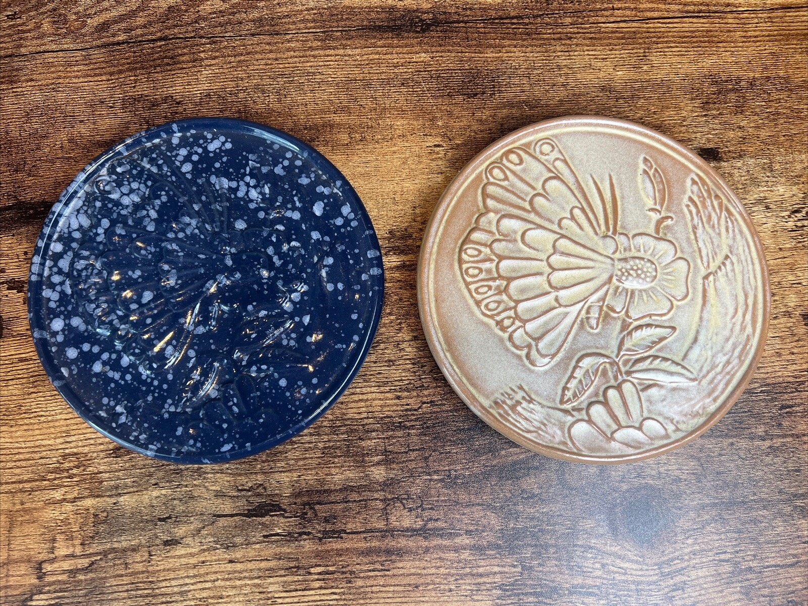 FRANKOMA Pottery Set Of 2 Butterfly Trivets Hot Plates Blue Beige Tan