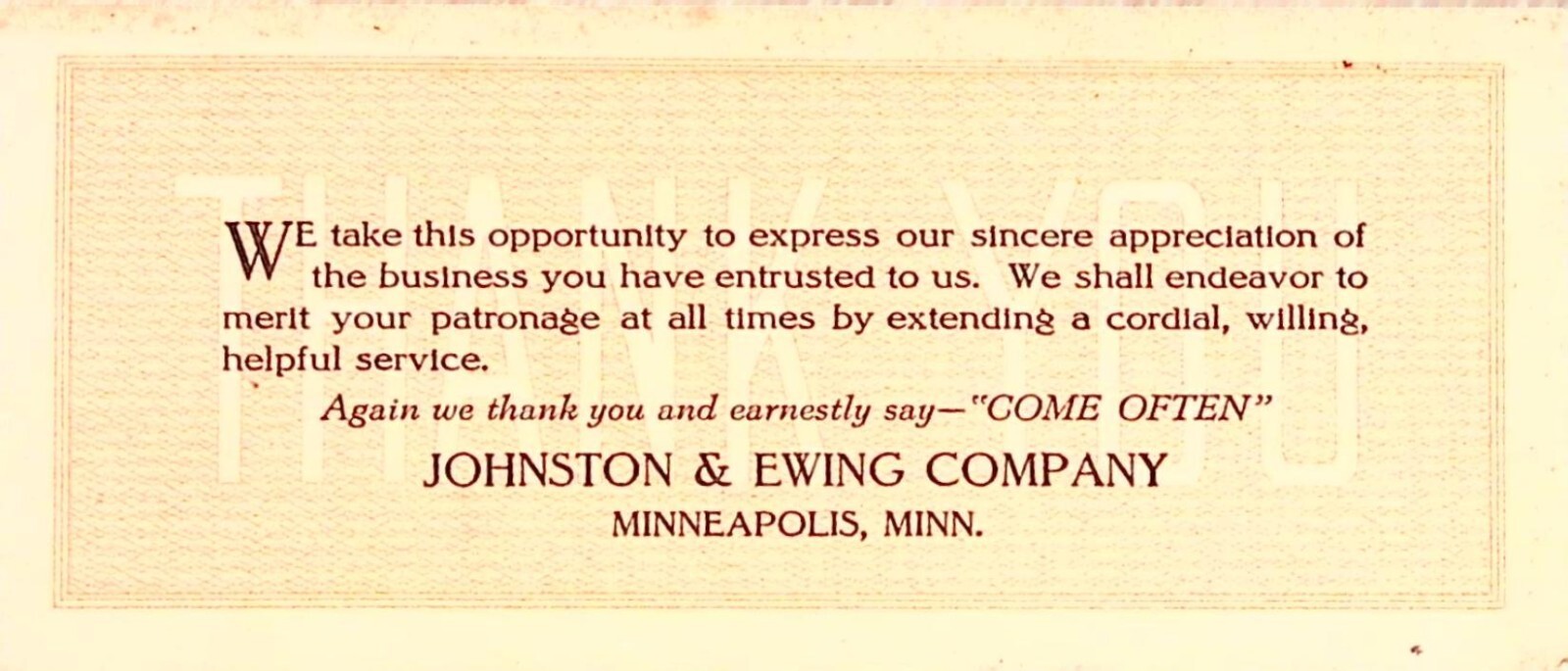 Arthur Thompson THANK YOU Blotter Sample Johnston Ewing Minneapolis 1920s Unused