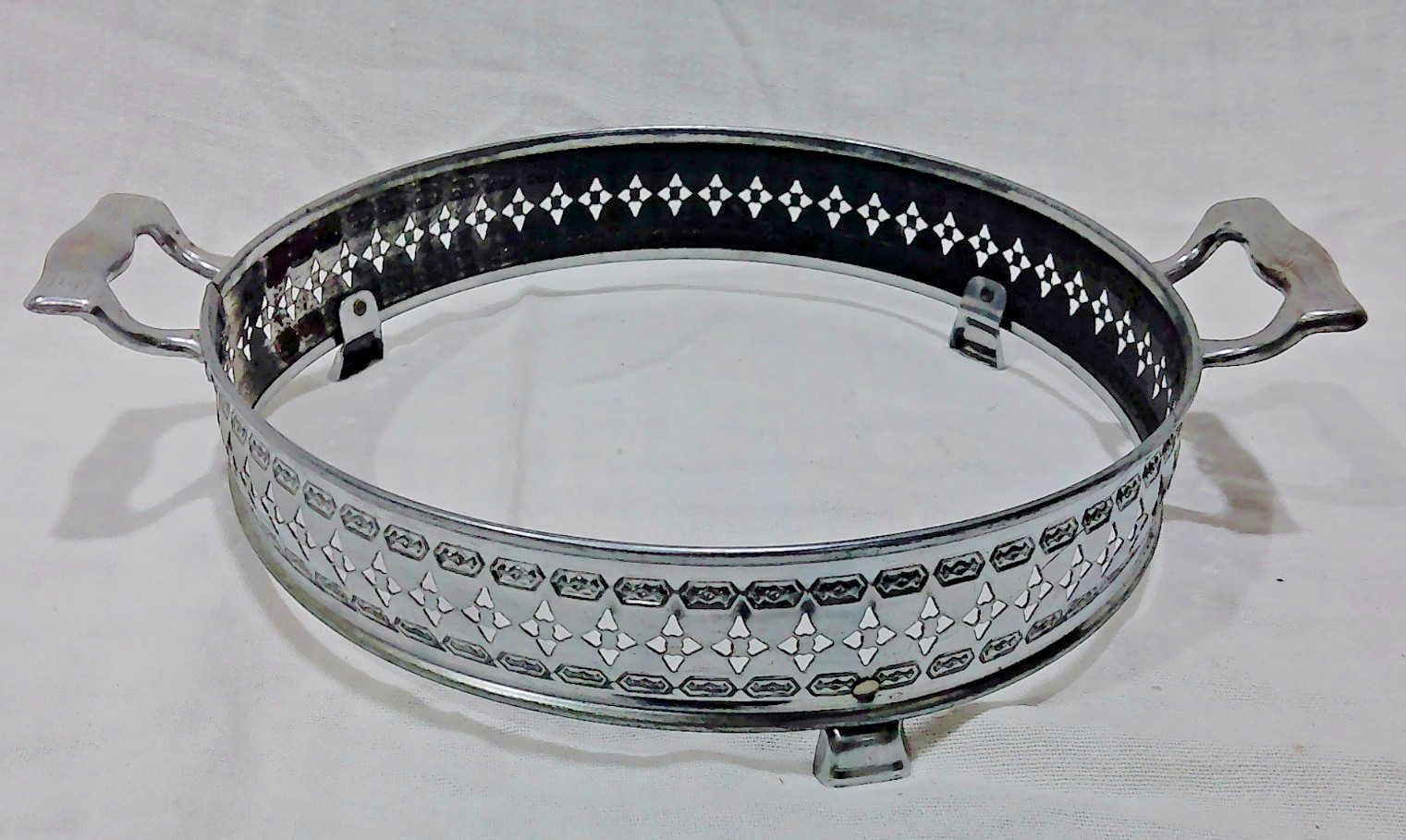 Vintage Silverplate Round Casserole Dish Holder Stand Pierced Gallery Feet