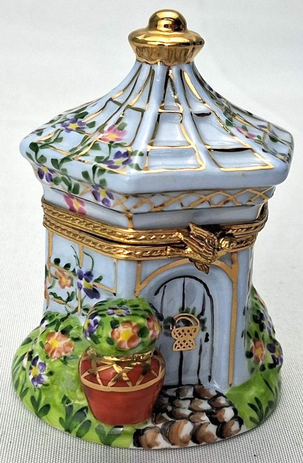 Atelier de Limoges Hand Painted Porcelain Gazebo Trinket Box w/ Potted Plant