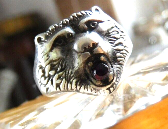 Old Lion Head Ring Silver 835 Canteen Ring 20.2mm Hussars Red Stone Find
