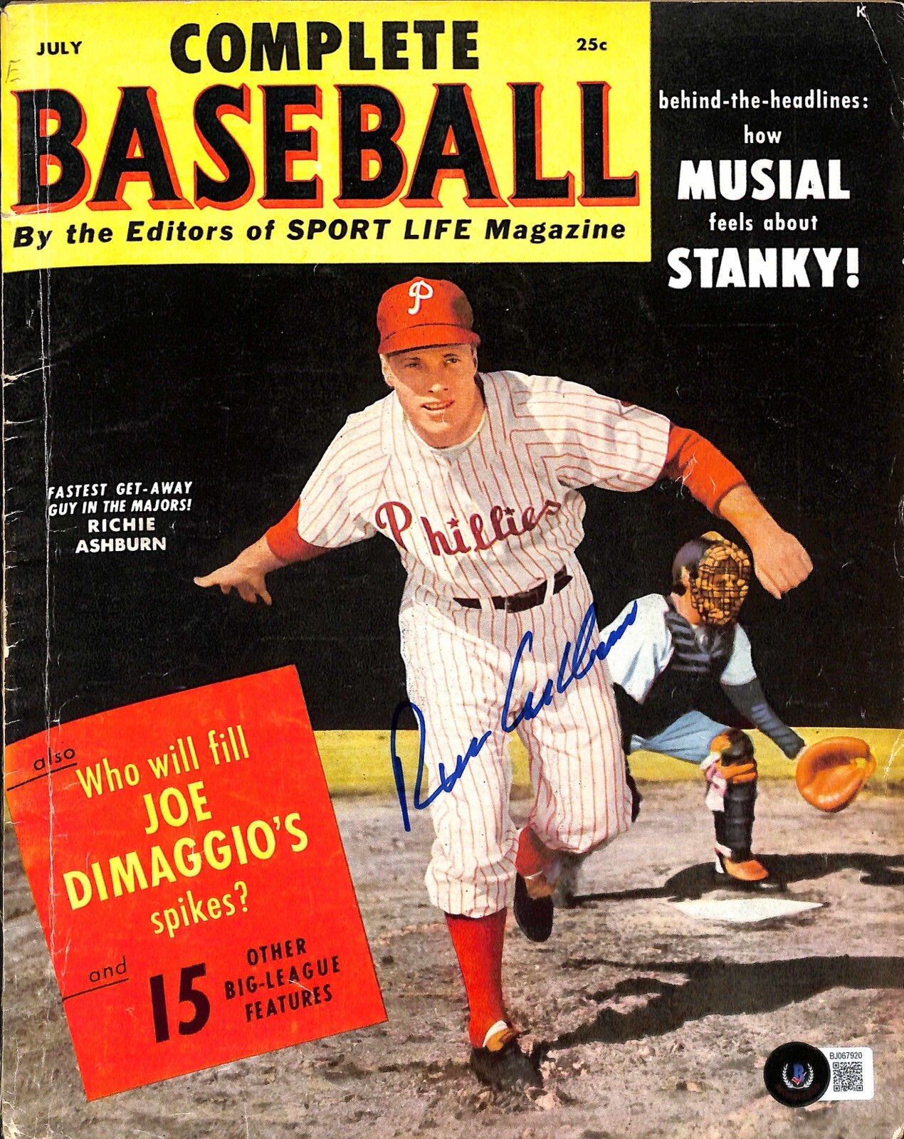 Richie Ashburn Phillies HOF Signed Complete Baseball Magazine 1950’s BECKETT