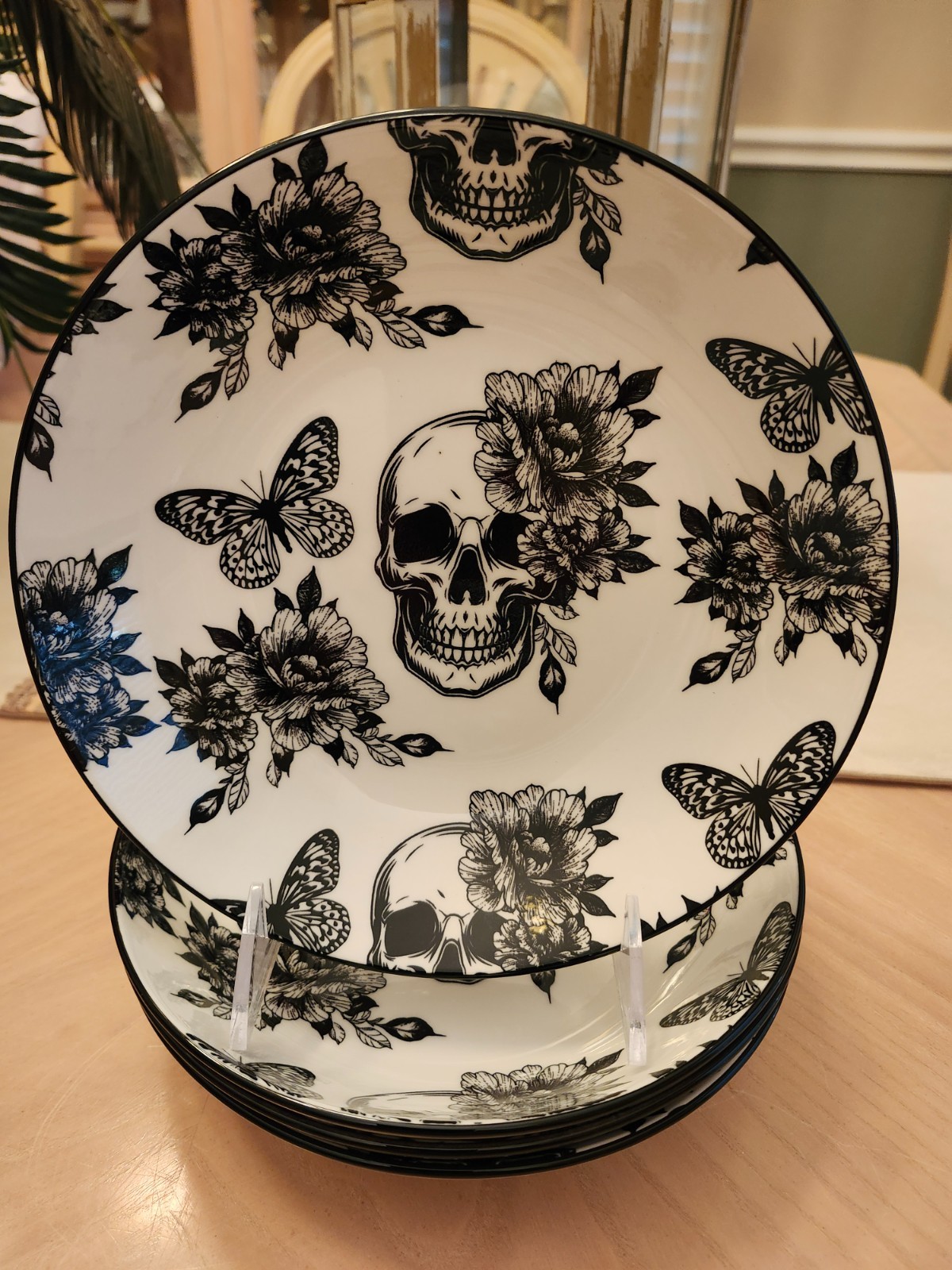 ZRIKE HALLOWEEN SKULL BUTTERFLY FLORAL SET OF 4 CERAMIC DINNER BOWLS GOTHIC