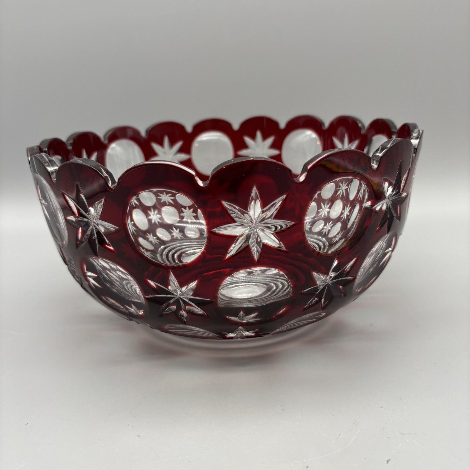 Vintage Bohemian Hand Cut Crystal Glass Ruby to Clear bowl SIGNED 8.75”