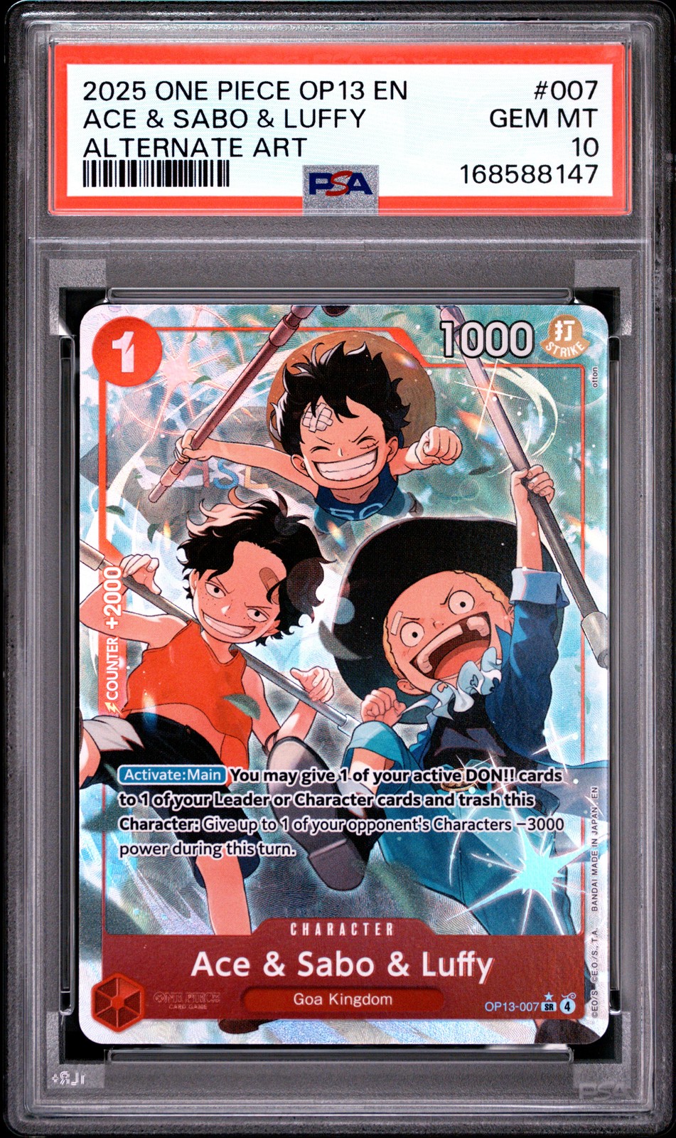 2025 ONE PIECE OP13-CARRYING ON HIS WILL ALTERNATE ART ACE & SABO & LUFFY PSA 10